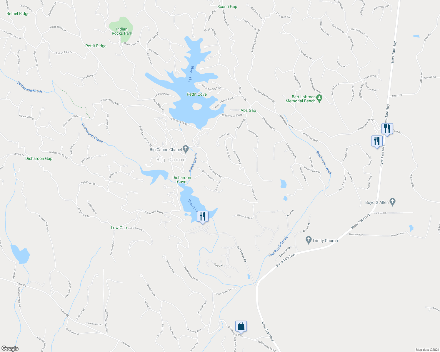 map of restaurants, bars, coffee shops, grocery stores, and more near Highland Trail in Pickens County