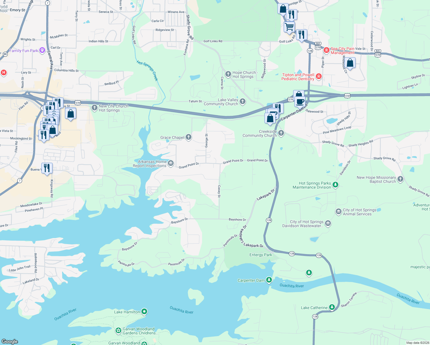 map of restaurants, bars, coffee shops, grocery stores, and more near 138 Casey Street in Garland County
