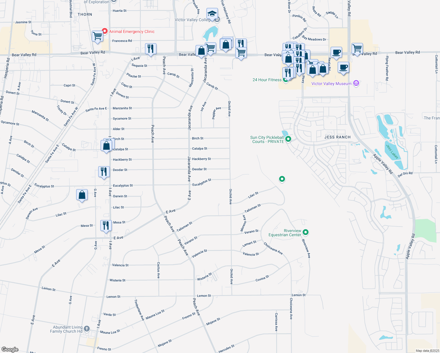map of restaurants, bars, coffee shops, grocery stores, and more near 18436 Eucalyptus St in Hesperia