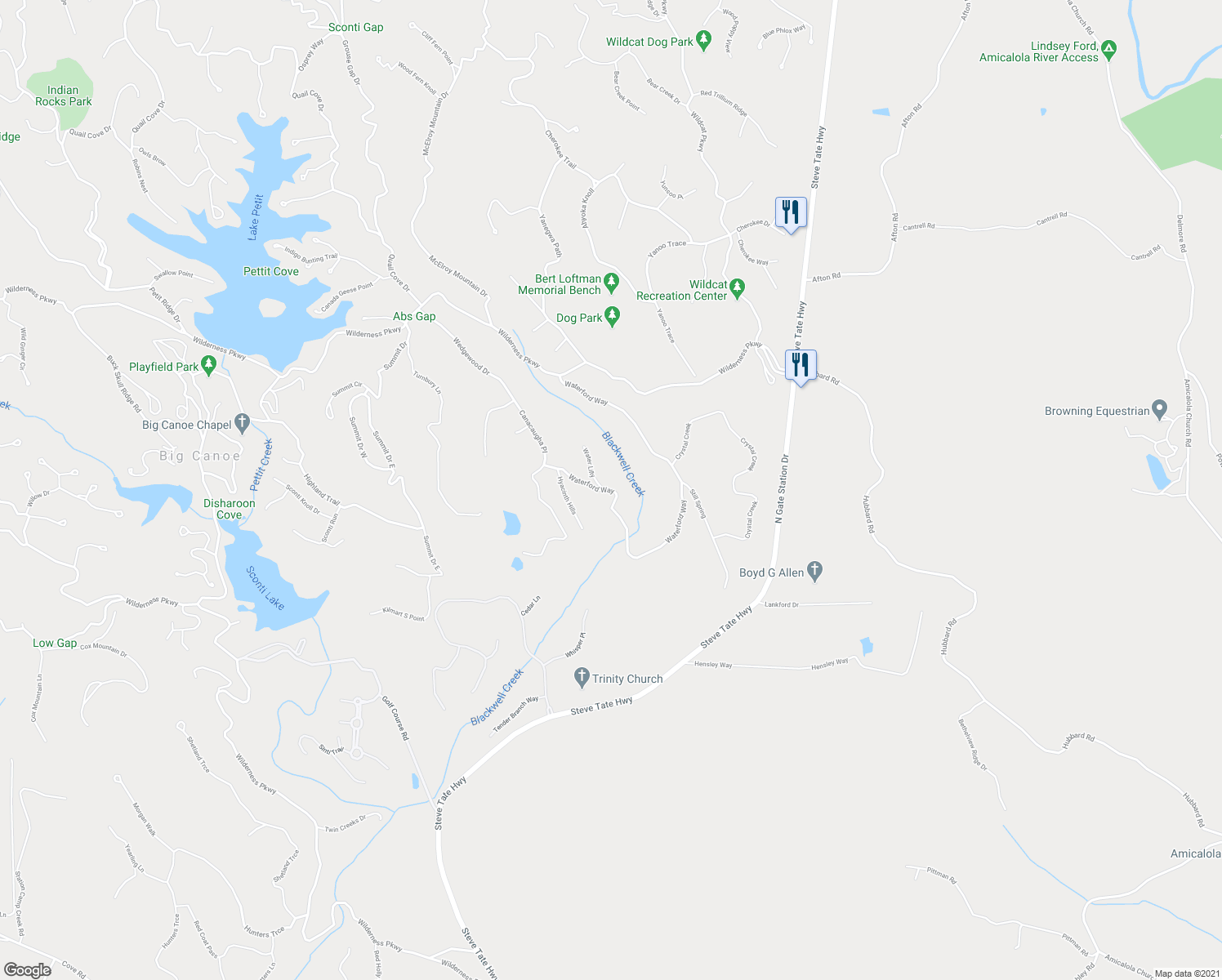 map of restaurants, bars, coffee shops, grocery stores, and more near Waterford Way in Pickens County