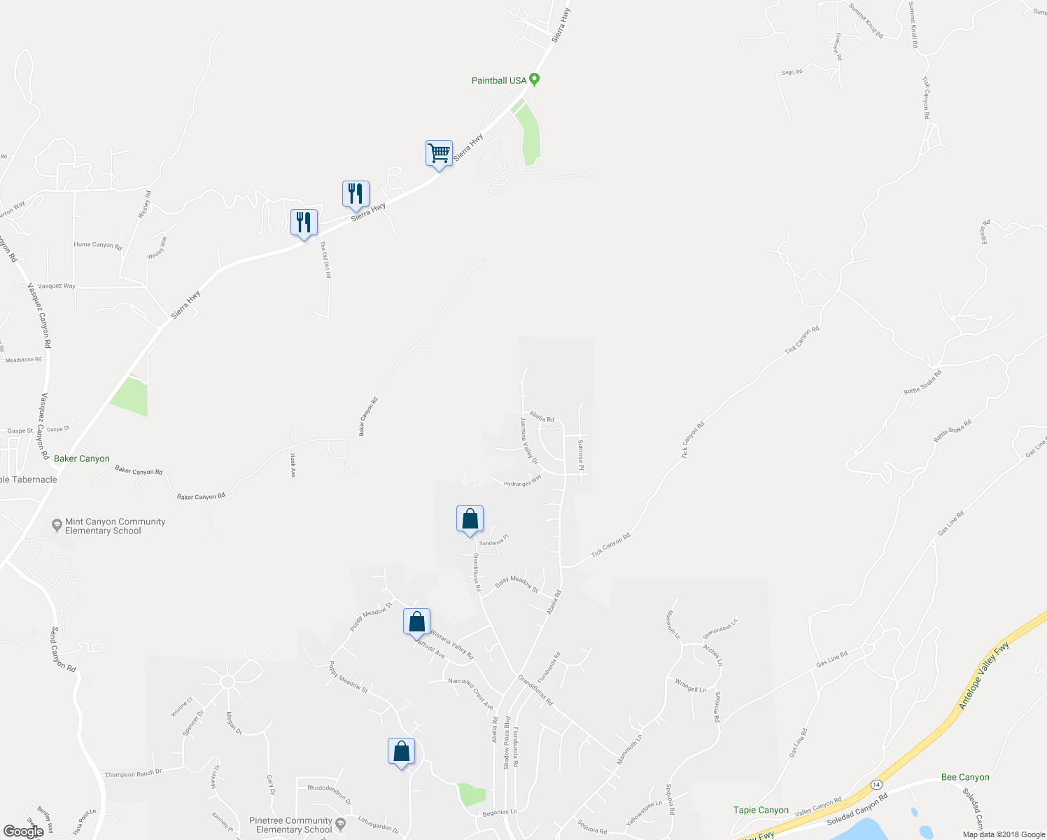 map of restaurants, bars, coffee shops, grocery stores, and more near Jasmine Valley Drive in Santa Clarita