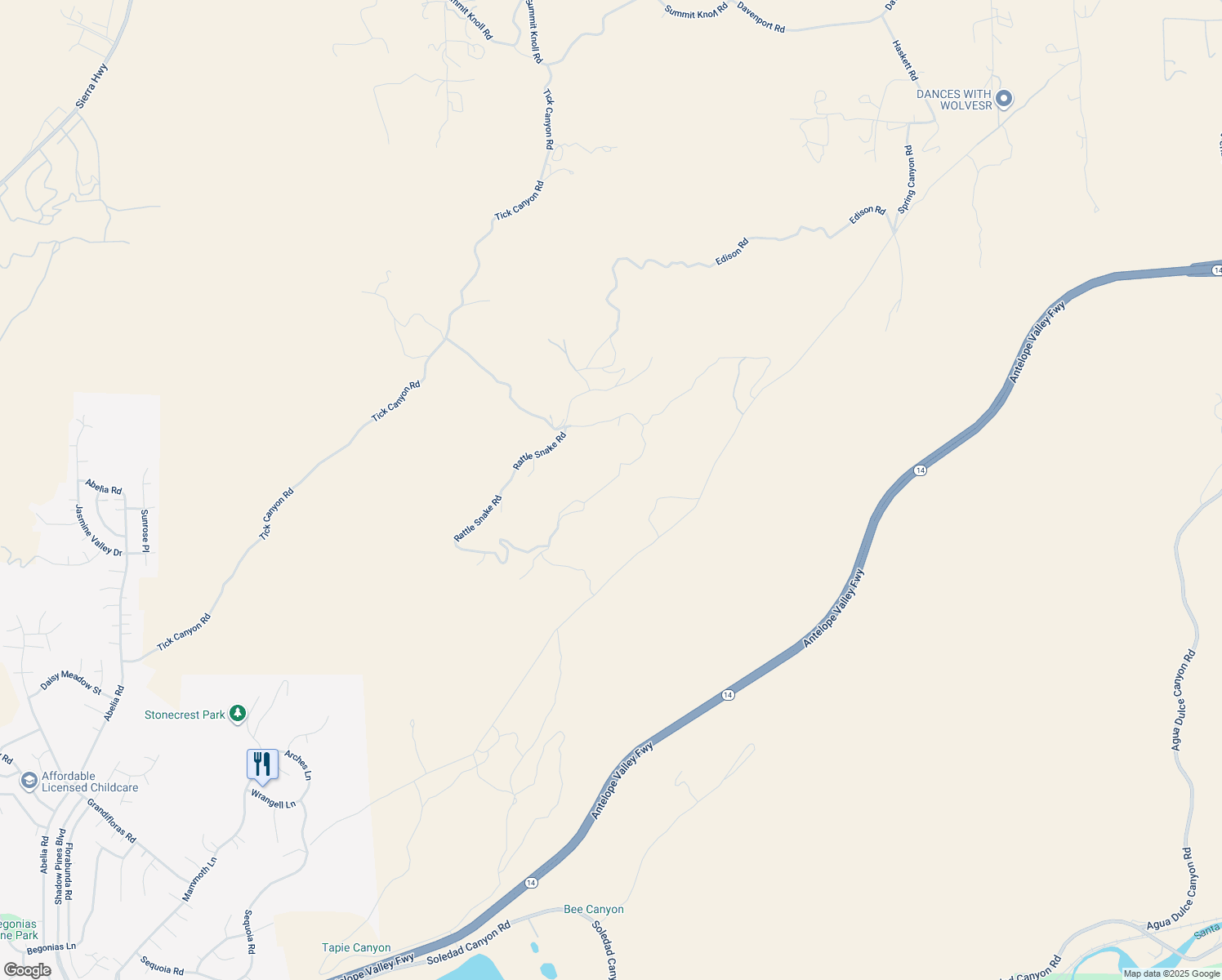 map of restaurants, bars, coffee shops, grocery stores, and more near Tick Canyon Road in Santa Clarita