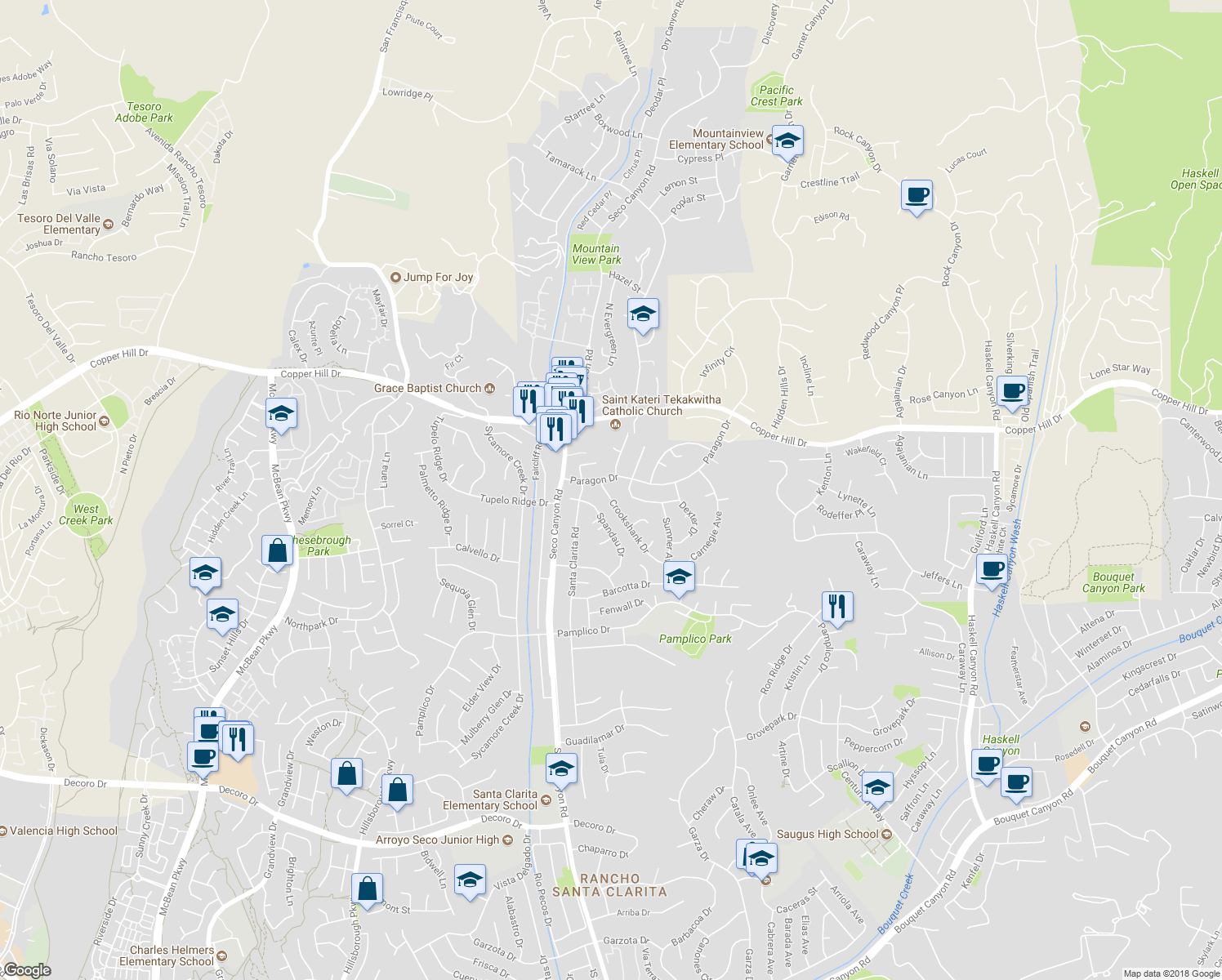 map of restaurants, bars, coffee shops, grocery stores, and more near 27848 Crookshank Drive in Santa Clarita