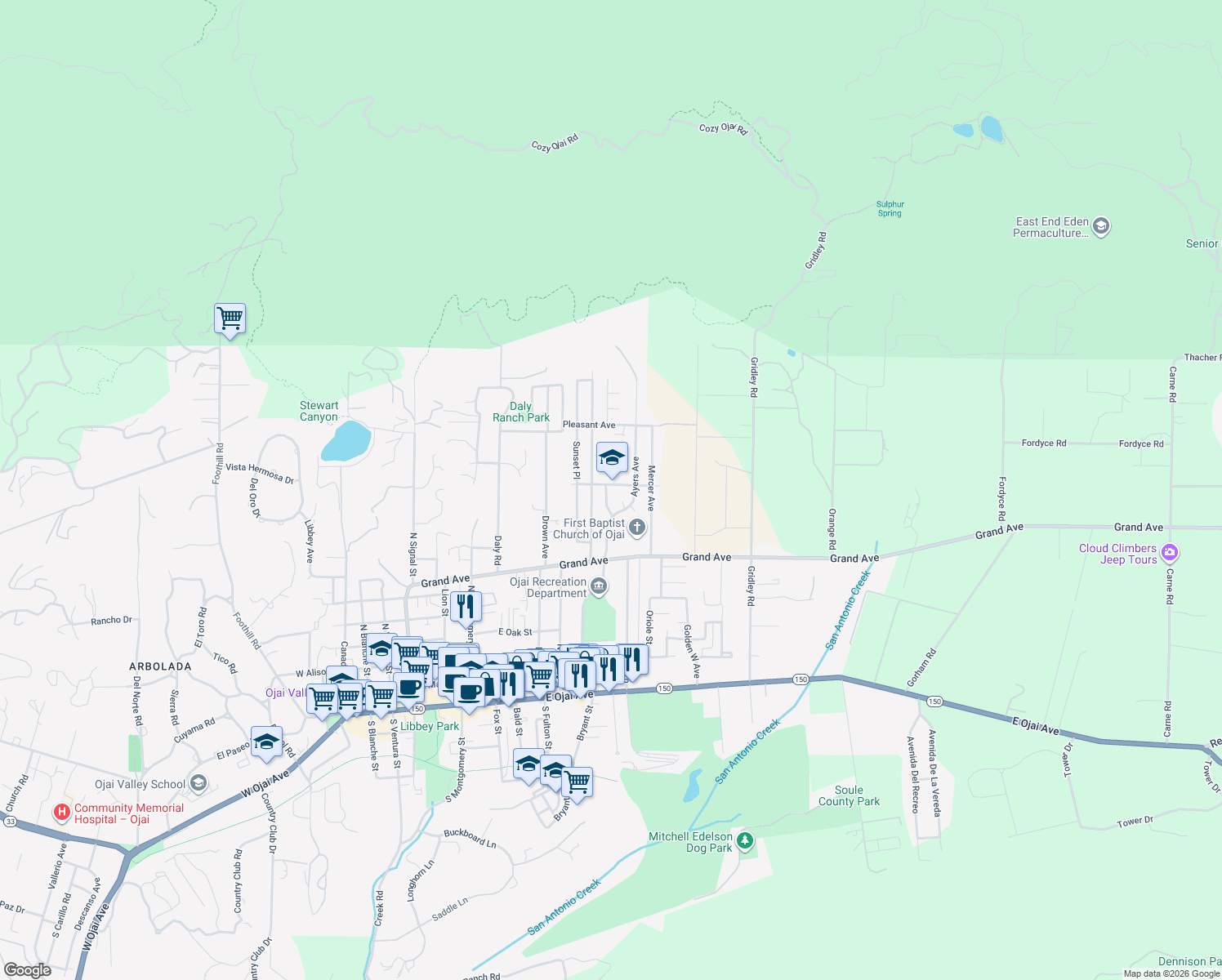 map of restaurants, bars, coffee shops, grocery stores, and more near 913 Mountain View Avenue in Ojai