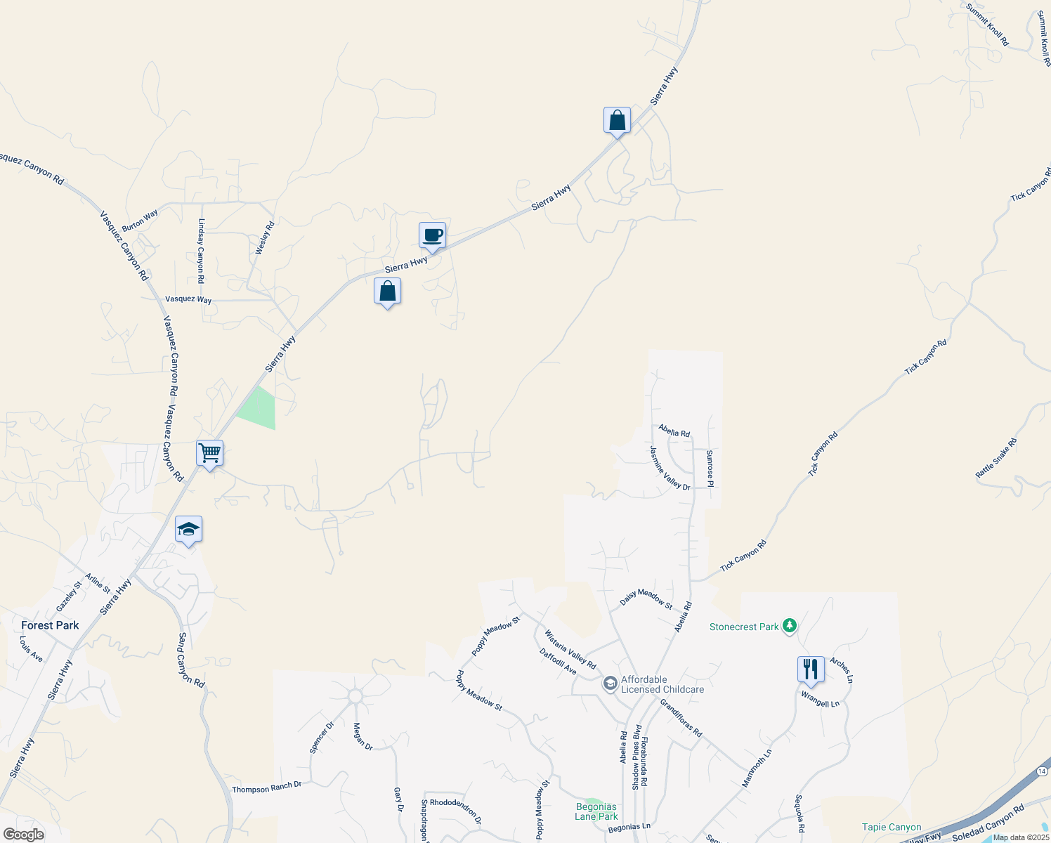 map of restaurants, bars, coffee shops, grocery stores, and more near 15000 Baker Canyon Road in Santa Clarita
