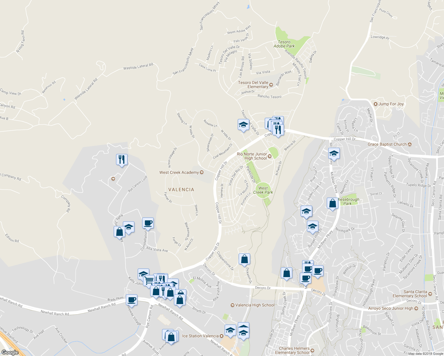 map of restaurants, bars, coffee shops, grocery stores, and more near 28586 Herrera Street in Santa Clarita