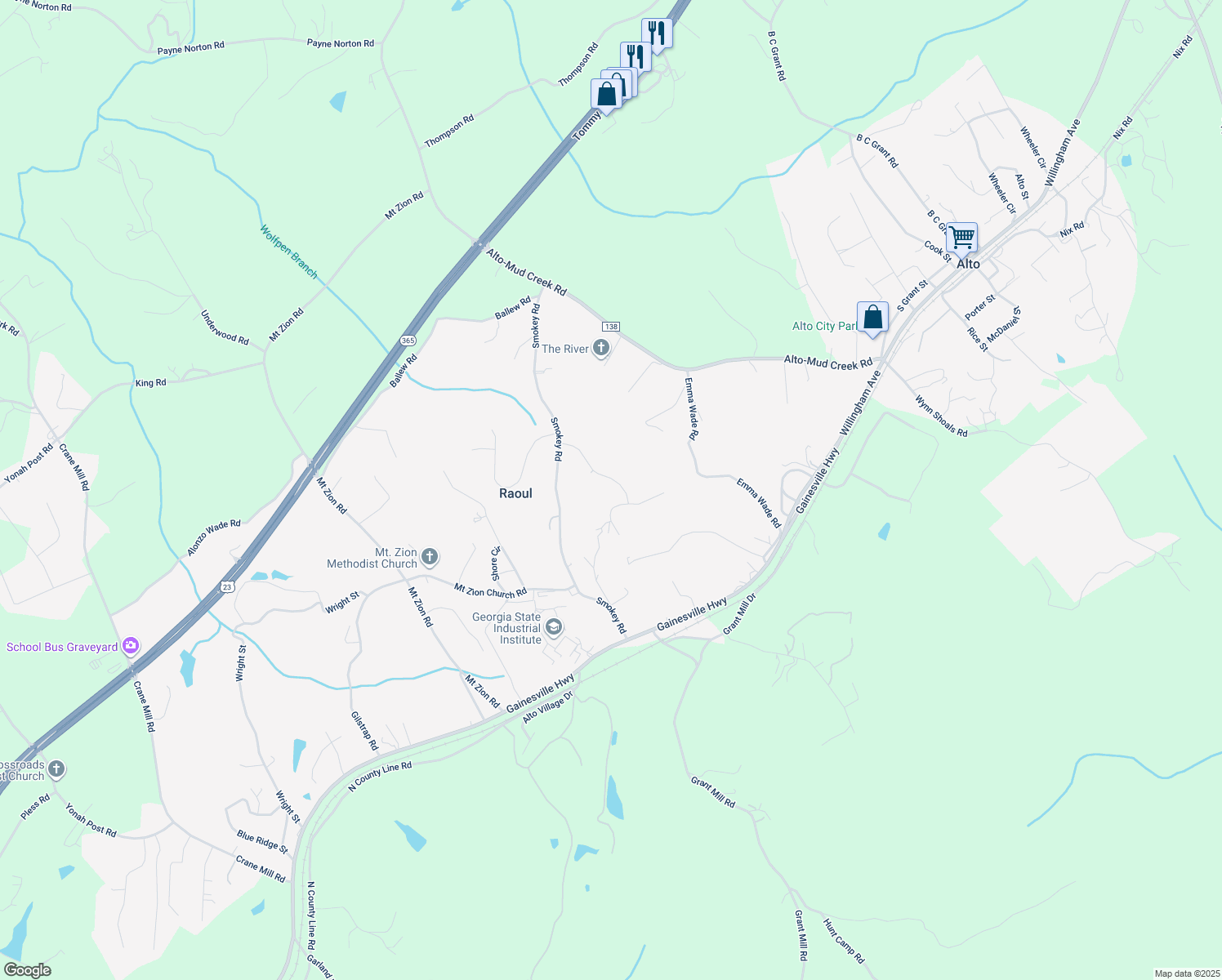 map of restaurants, bars, coffee shops, grocery stores, and more near 212 Wild Cherry Drive in Alto