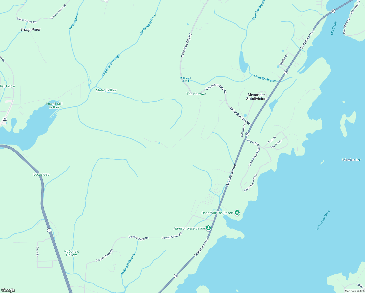 map of restaurants, bars, coffee shops, grocery stores, and more near 581 McCorkle Mountain Road in Guntersville