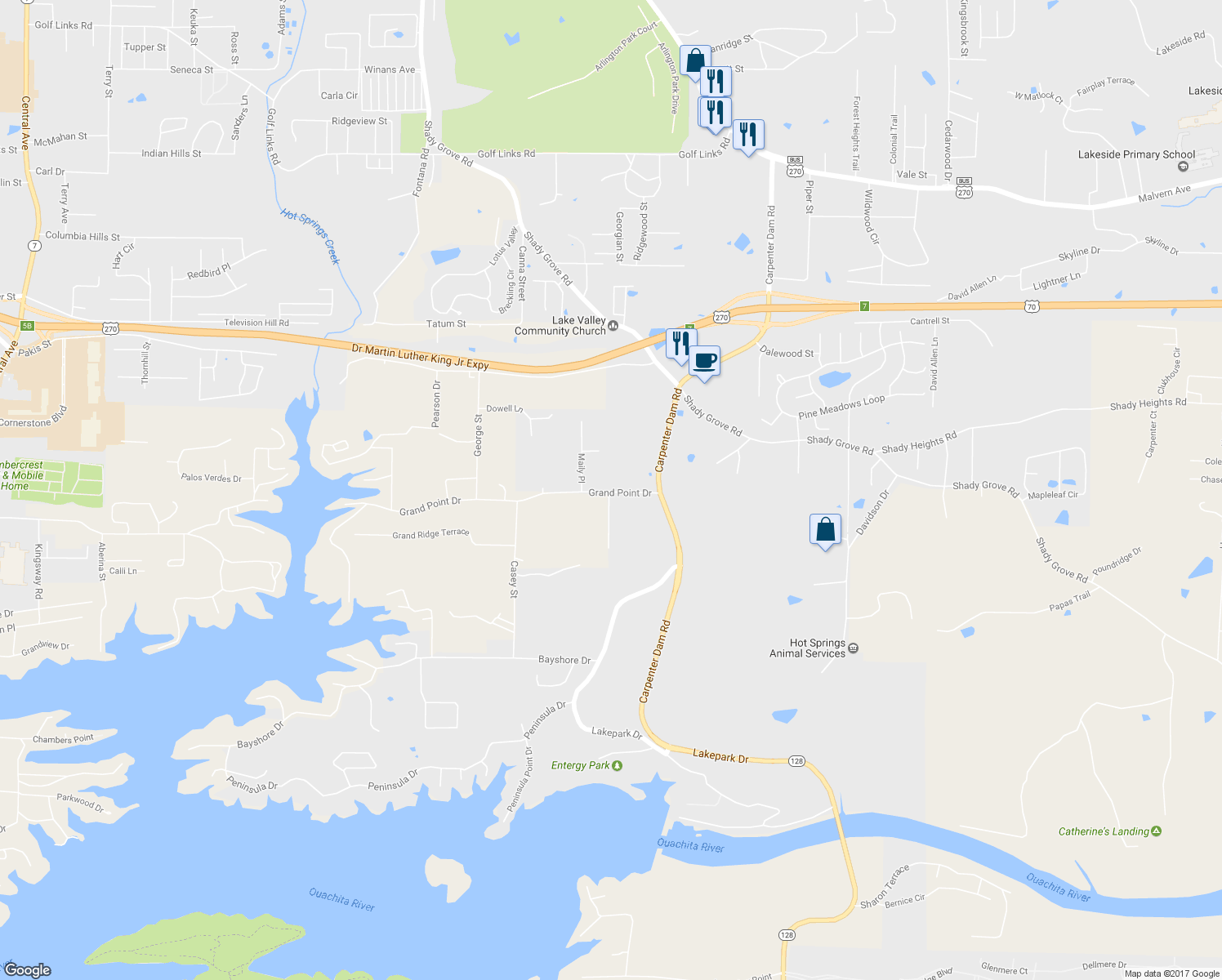 map of restaurants, bars, coffee shops, grocery stores, and more near 162 Grand Point Drive in Hot Springs