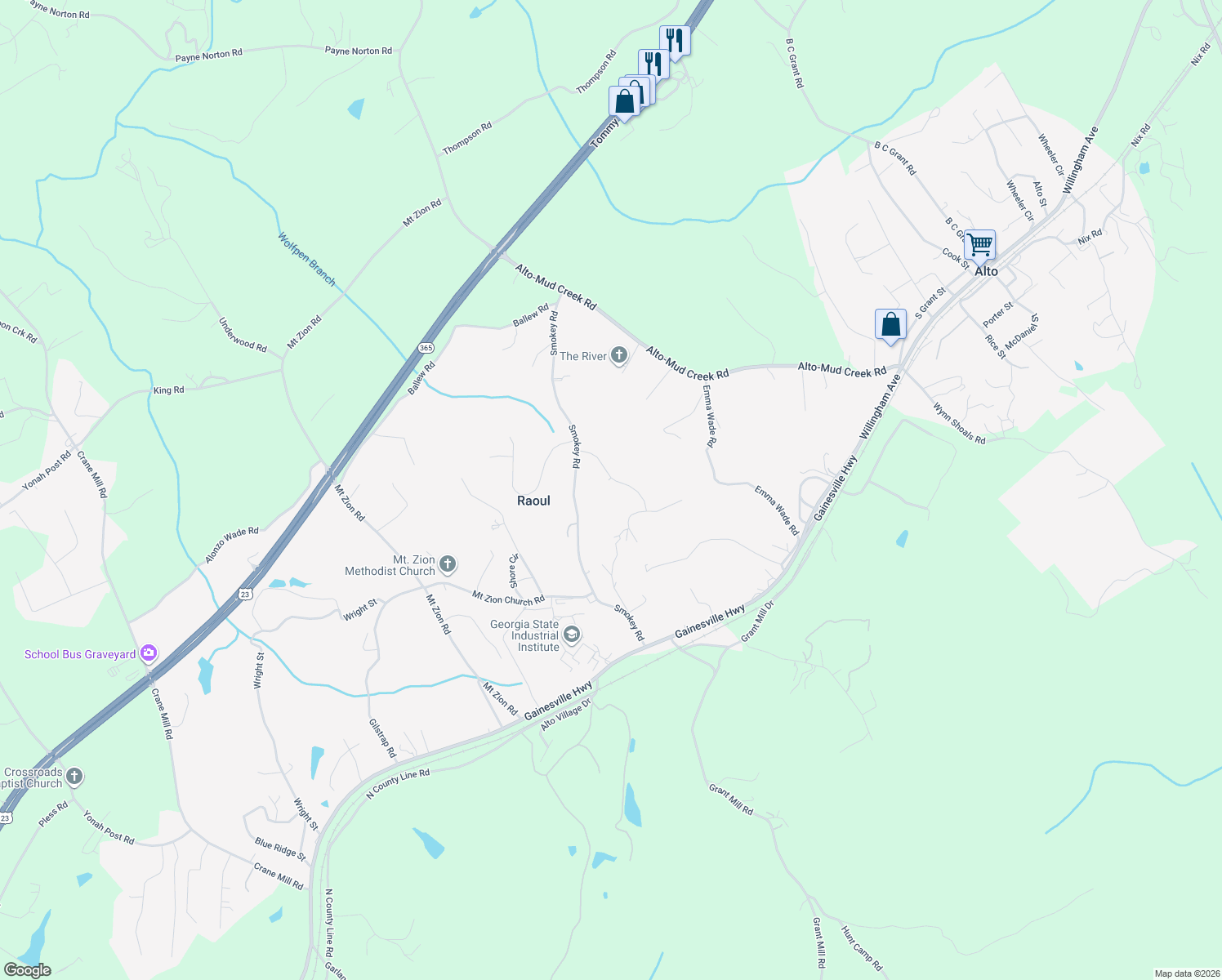 map of restaurants, bars, coffee shops, grocery stores, and more near 180 Wild Cherry Drive in Alto