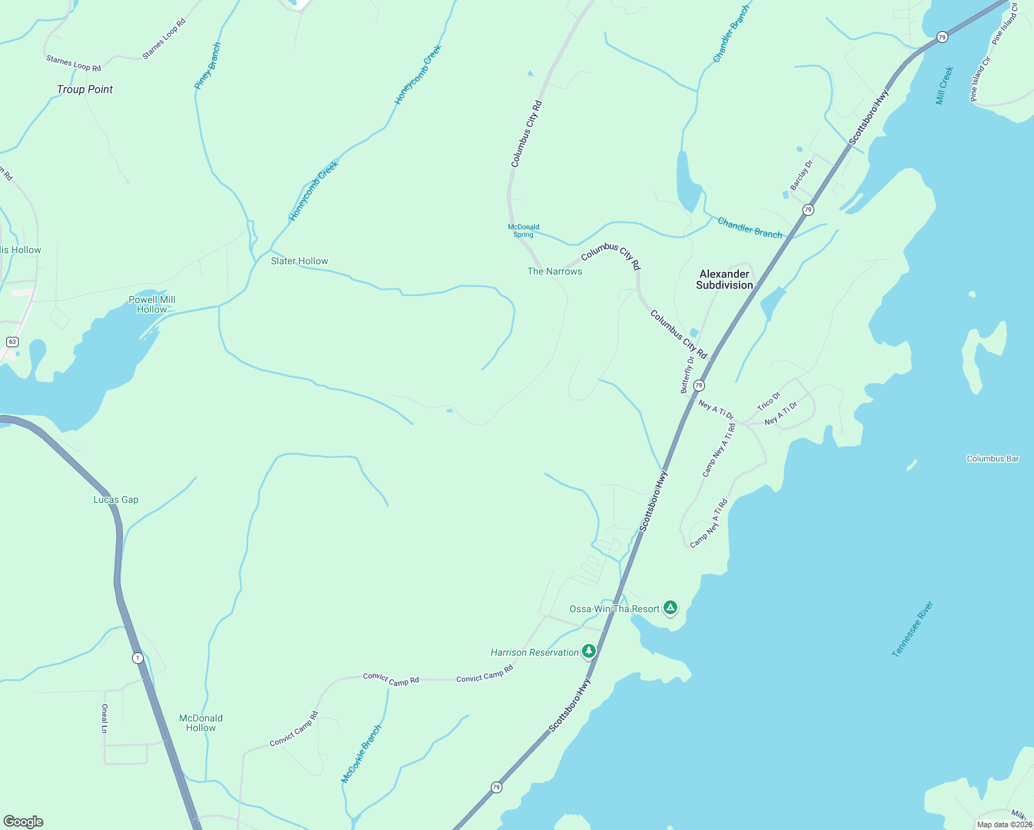 map of restaurants, bars, coffee shops, grocery stores, and more near 581 McCorkle Mountain Road in Guntersville