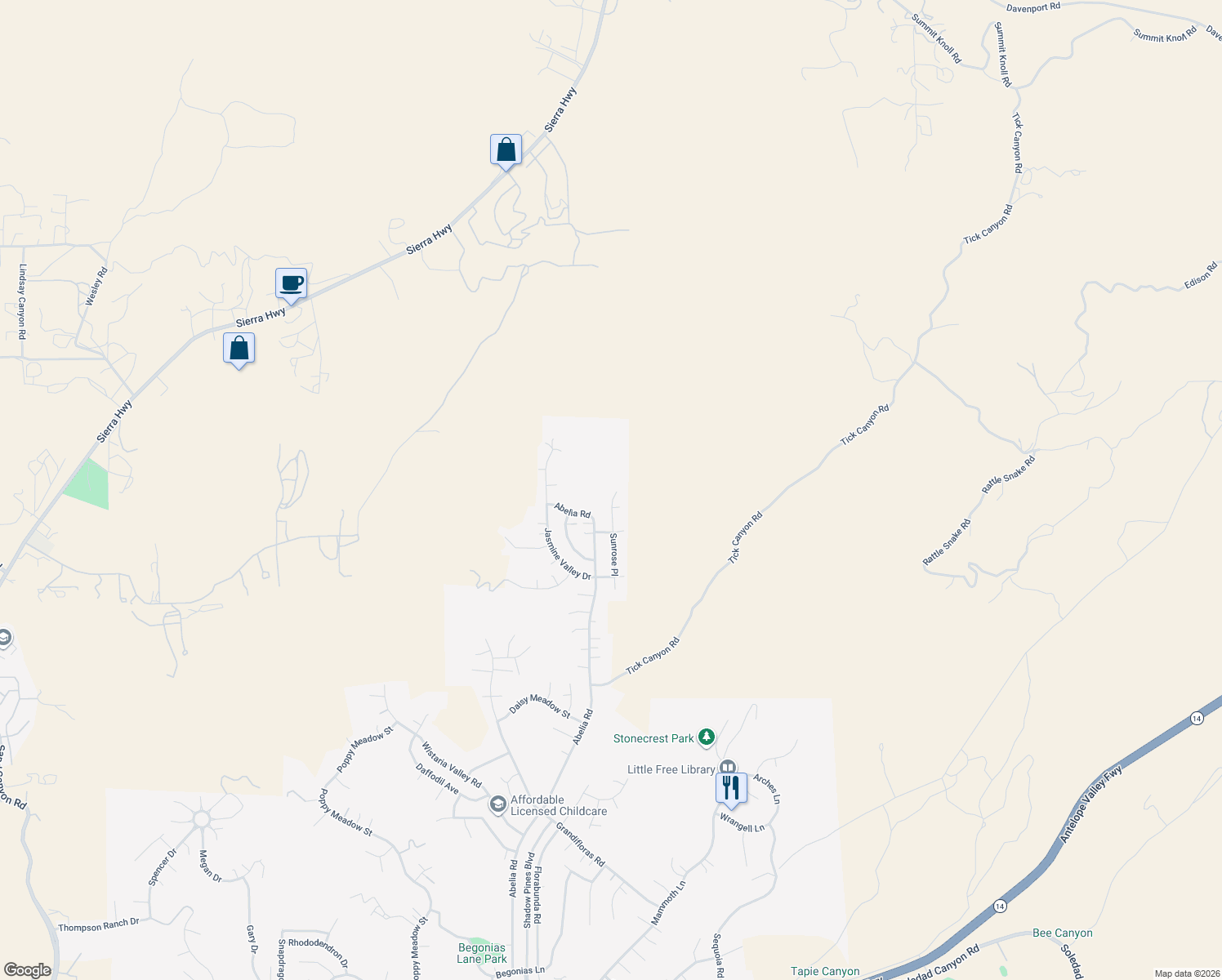 map of restaurants, bars, coffee shops, grocery stores, and more near 30461 Sunrose Place in Santa Clarita