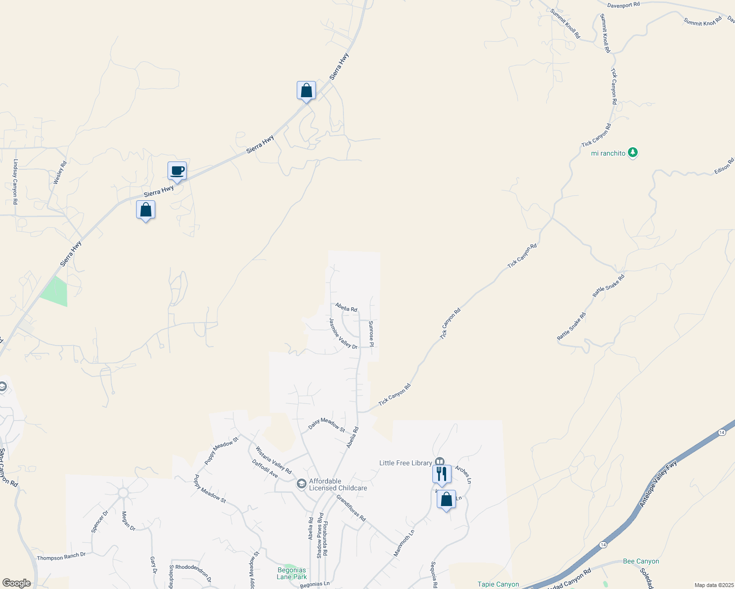 map of restaurants, bars, coffee shops, grocery stores, and more near 30461 Sunrose Place in Santa Clarita