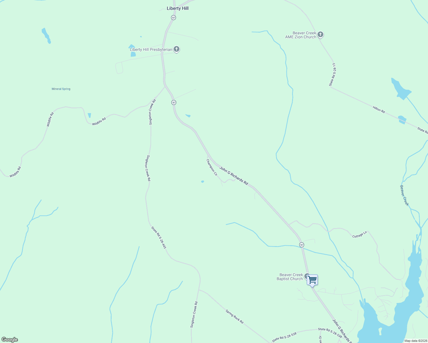 map of restaurants, bars, coffee shops, grocery stores, and more near 2558 Champion Circle in Kershaw County