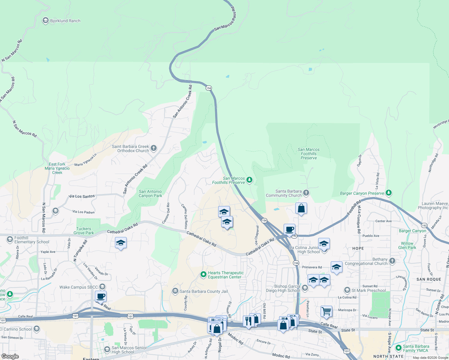 map of restaurants, bars, coffee shops, grocery stores, and more near 1081 Via Chaparral in Santa Barbara