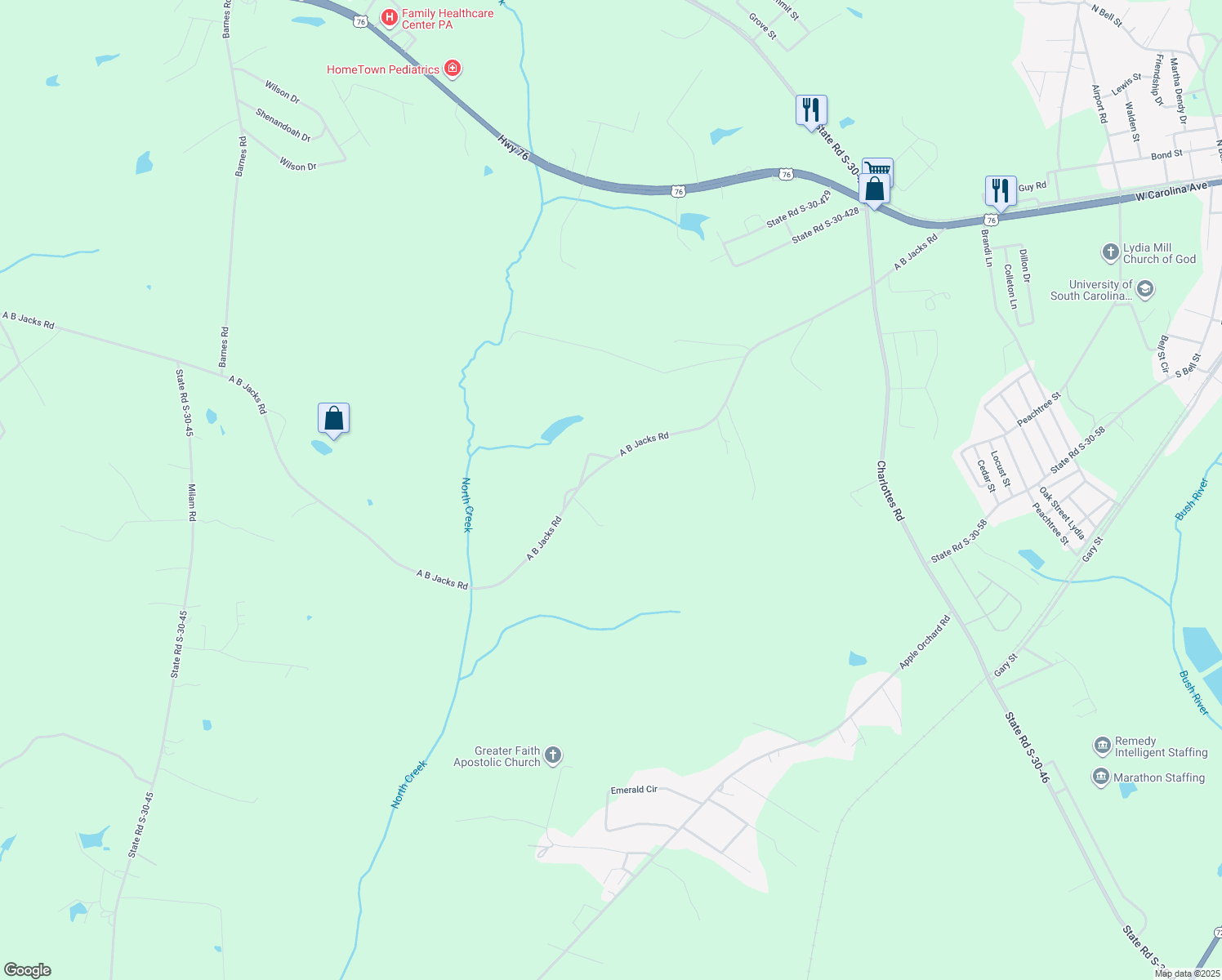 map of restaurants, bars, coffee shops, grocery stores, and more near 1397 A B Jacks Road in Clinton