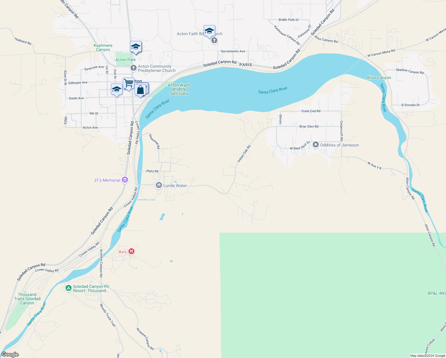 map of restaurants, bars, coffee shops, grocery stores, and more near 31341 Indian Oak Road in Acton