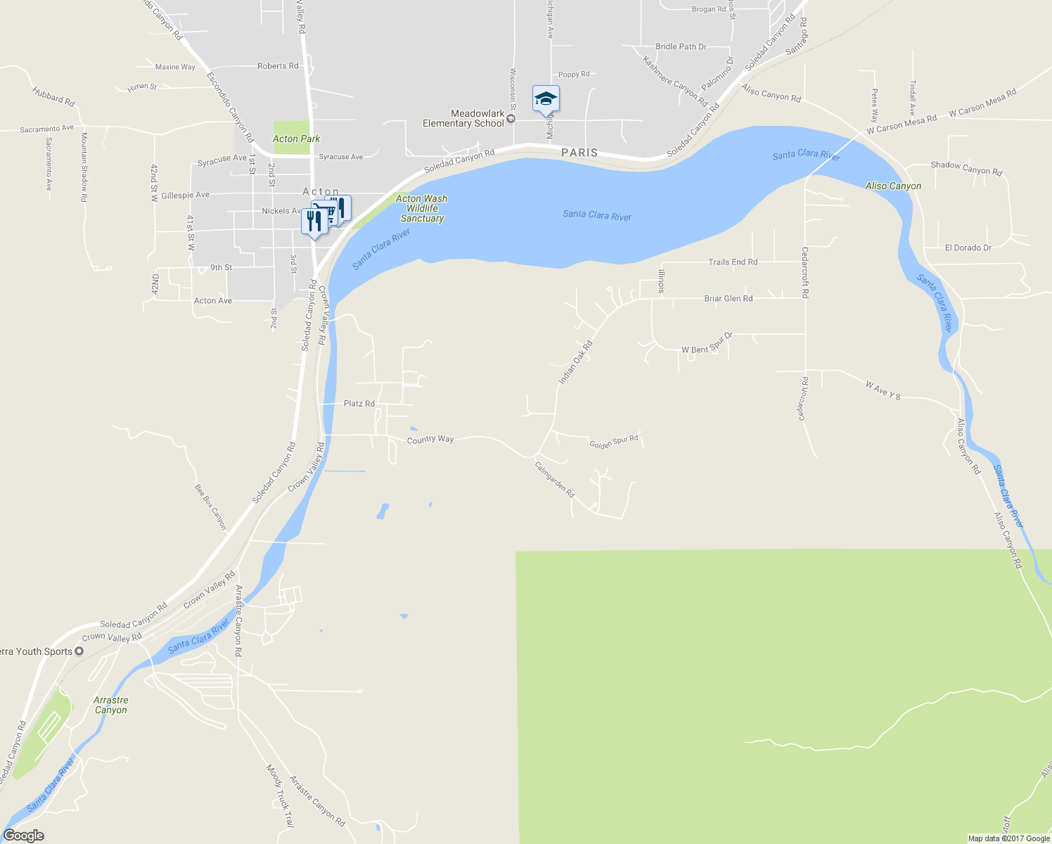 map of restaurants, bars, coffee shops, grocery stores, and more near 31427 Indian Oak Road in Acton