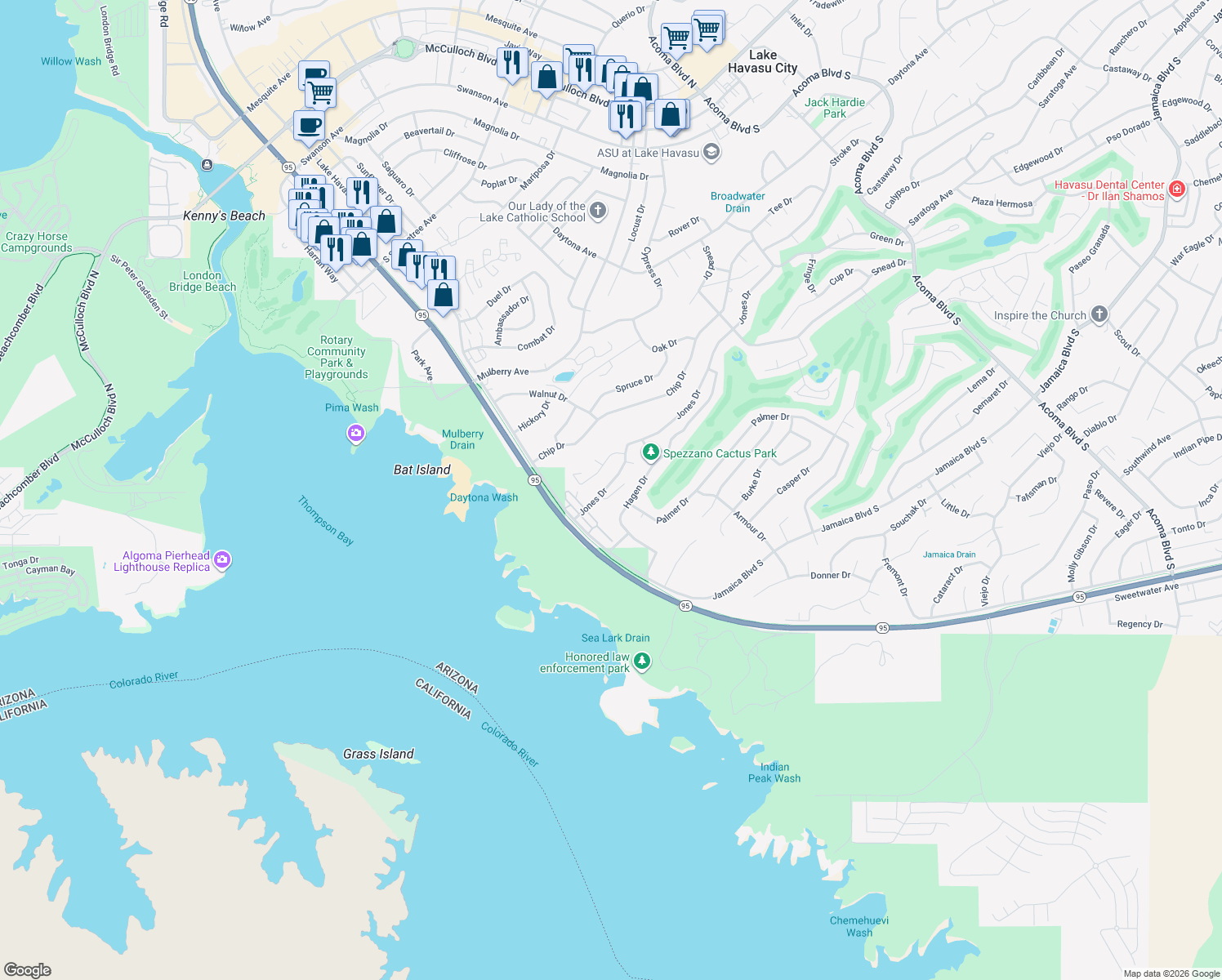 map of restaurants, bars, coffee shops, grocery stores, and more near 621 Furgol Ln in Lake Havasu City
