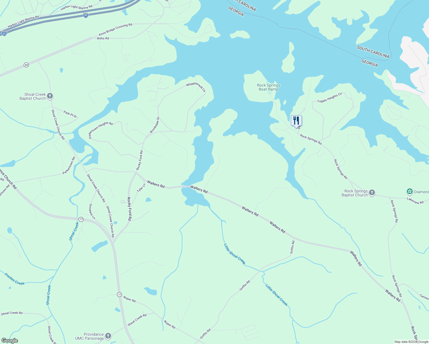 map of restaurants, bars, coffee shops, grocery stores, and more near 157 Rays Road in Lavonia