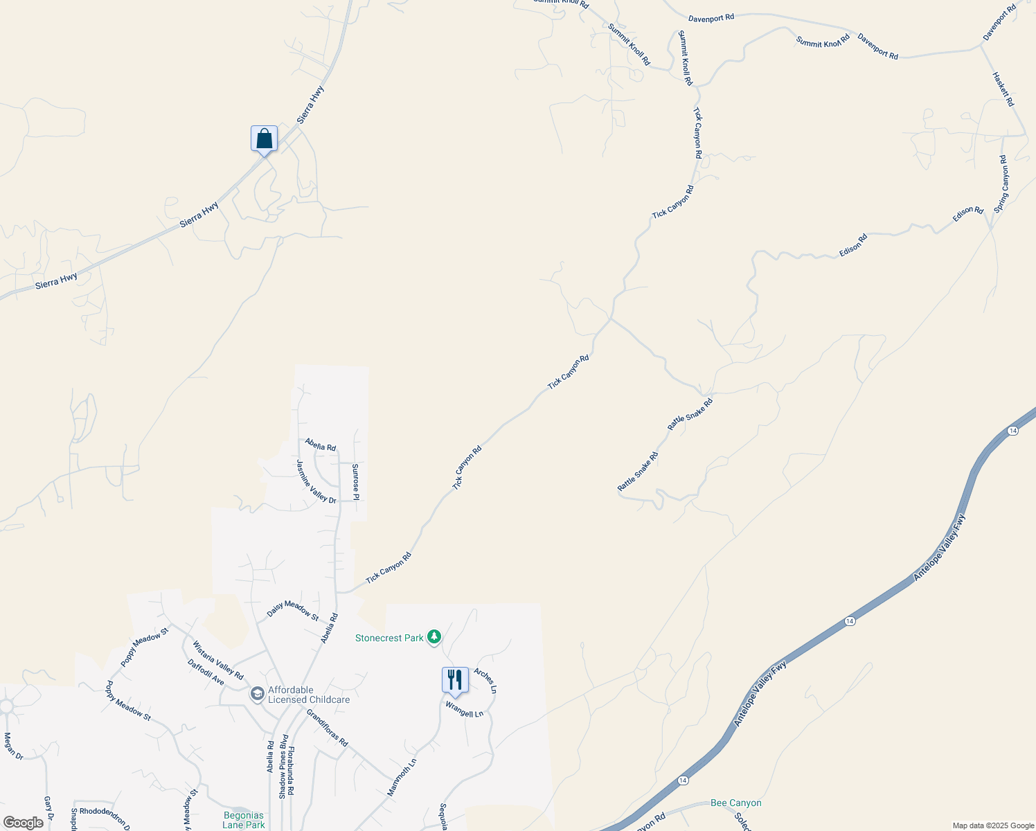 map of restaurants, bars, coffee shops, grocery stores, and more near Tick Canyon Road in Santa Clarita