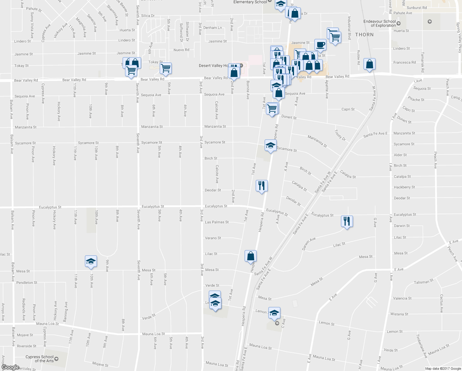 map of restaurants, bars, coffee shops, grocery stores, and more near 11430 2nd Avenue in Hesperia