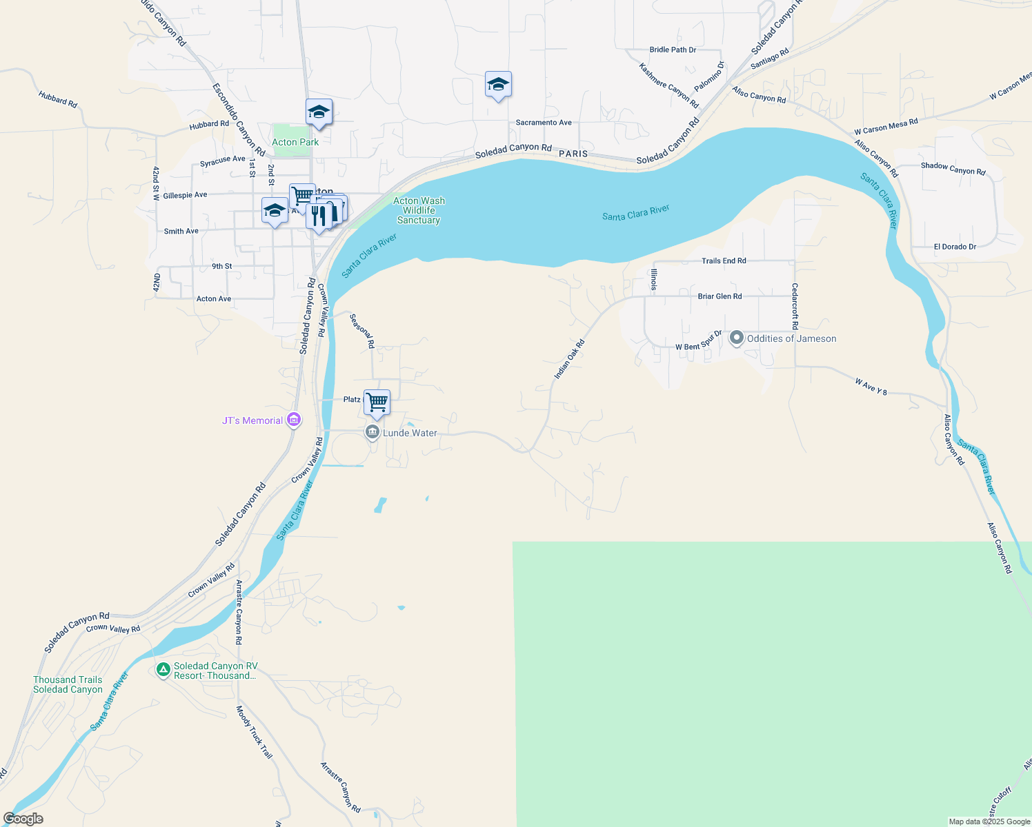 map of restaurants, bars, coffee shops, grocery stores, and more near 31427 Indian Oak Road in Acton