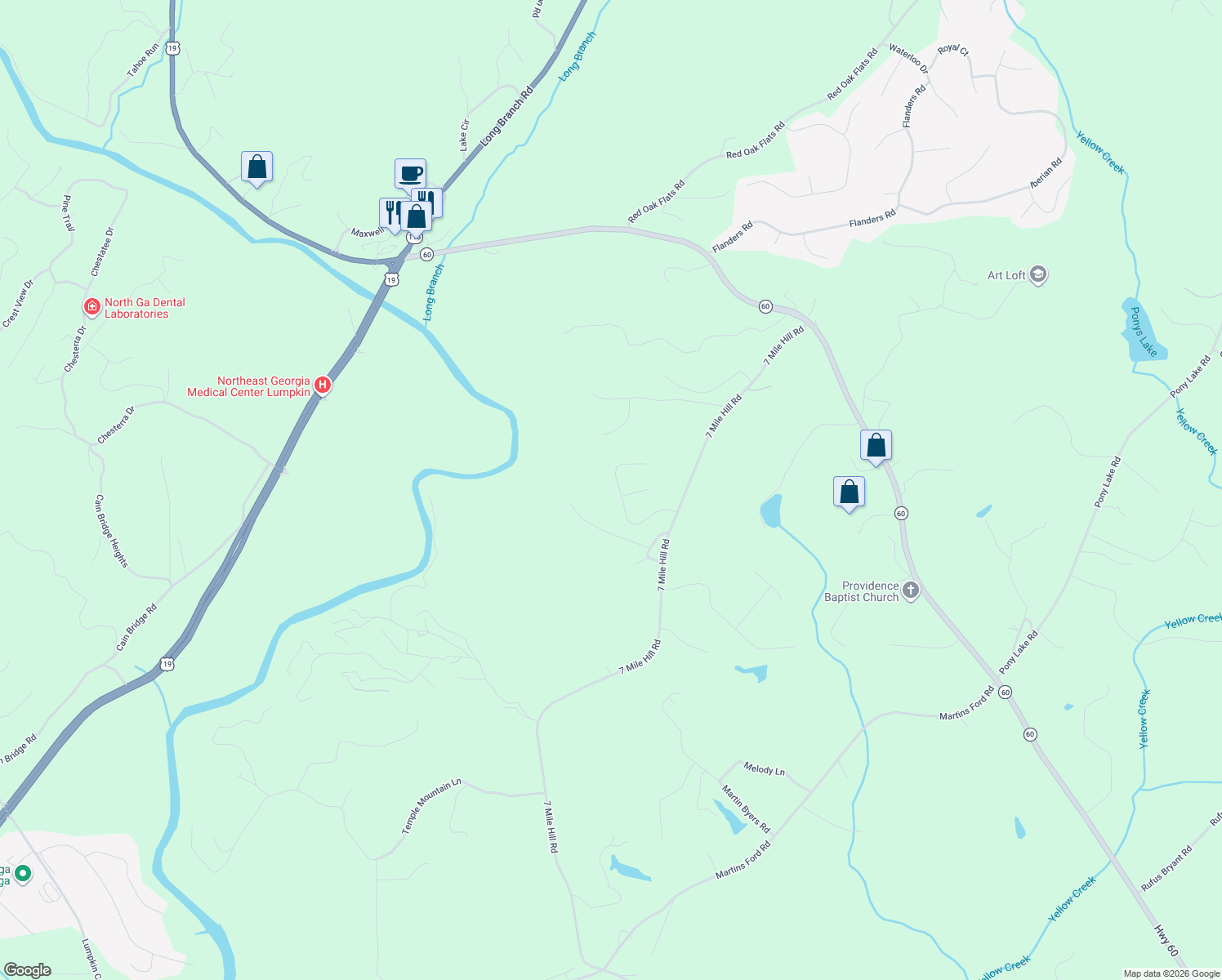 map of restaurants, bars, coffee shops, grocery stores, and more near 255 Stone Ridge Drive in Dahlonega