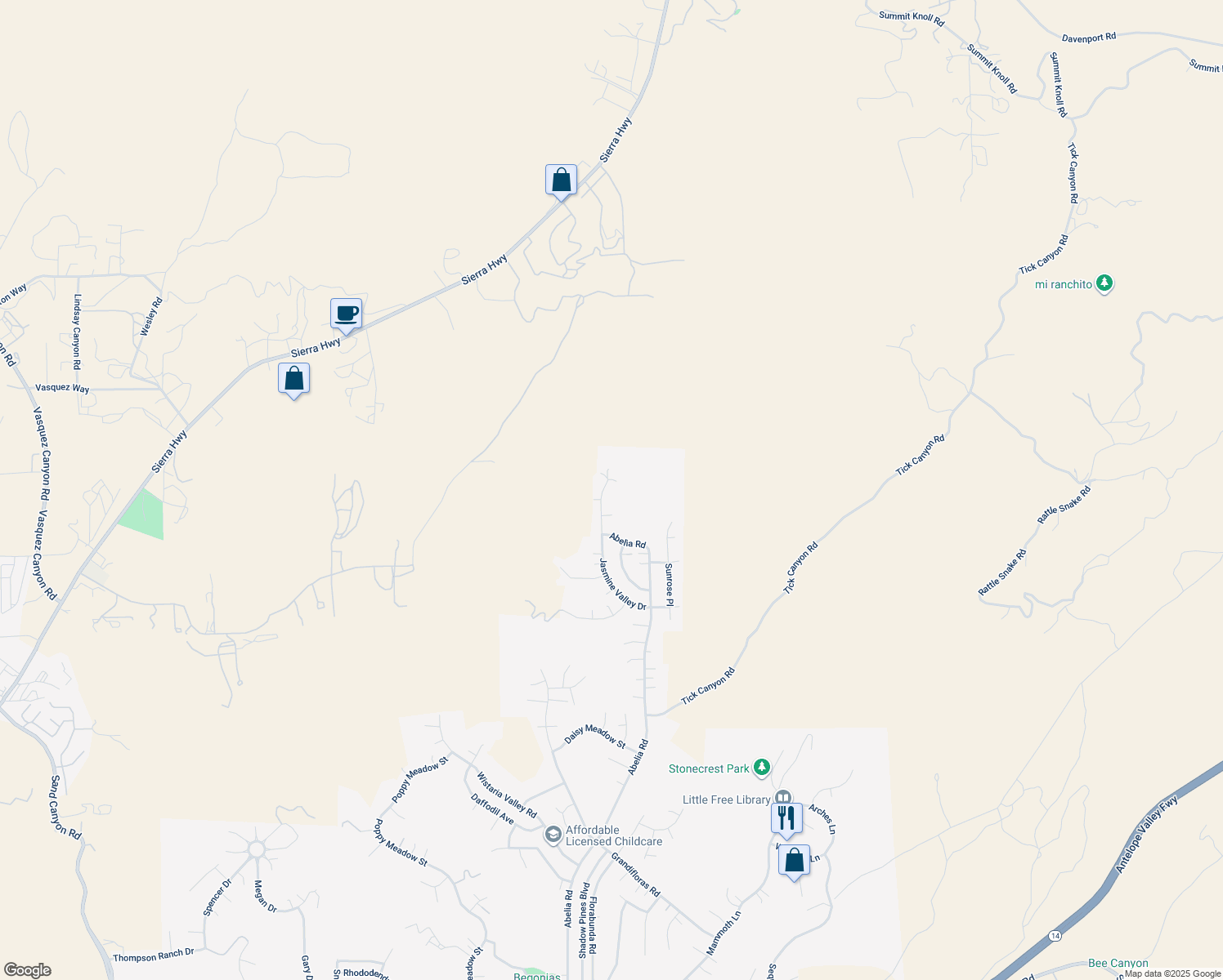 map of restaurants, bars, coffee shops, grocery stores, and more near 30541 Jasmine Valley Drive in Santa Clarita