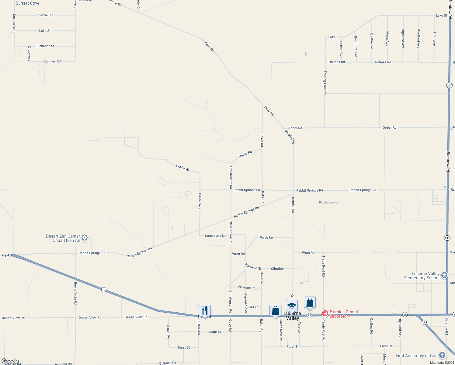 map of restaurants, bars, coffee shops, grocery stores, and more near 11350 Christenson Road in Lucerne Valley