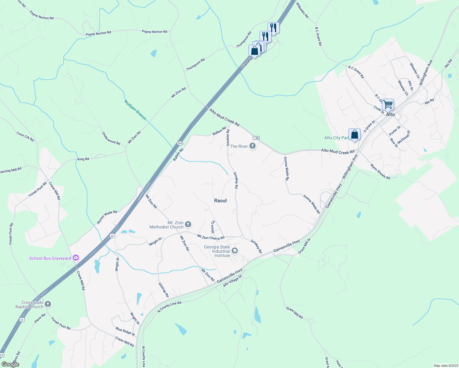 map of restaurants, bars, coffee shops, grocery stores, and more near 141 Teakwood Drive in Alto