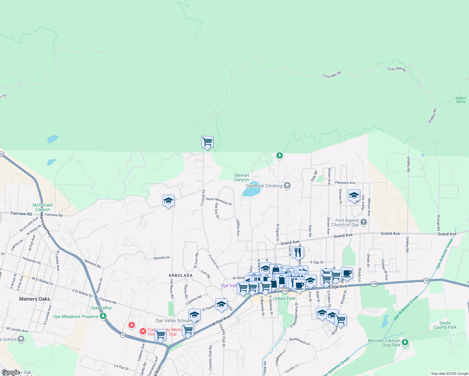 map of restaurants, bars, coffee shops, grocery stores, and more near 801 Del Oro Drive in Ojai
