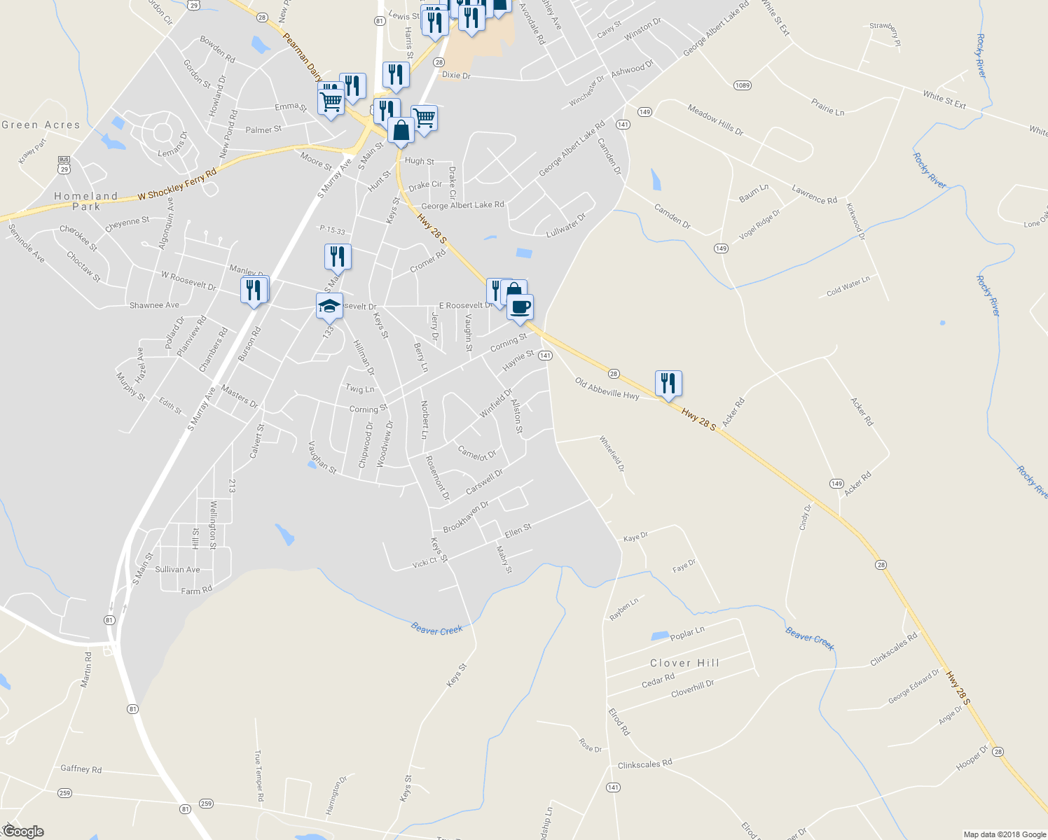 map of restaurants, bars, coffee shops, grocery stores, and more near 3803 Allston Street in Anderson