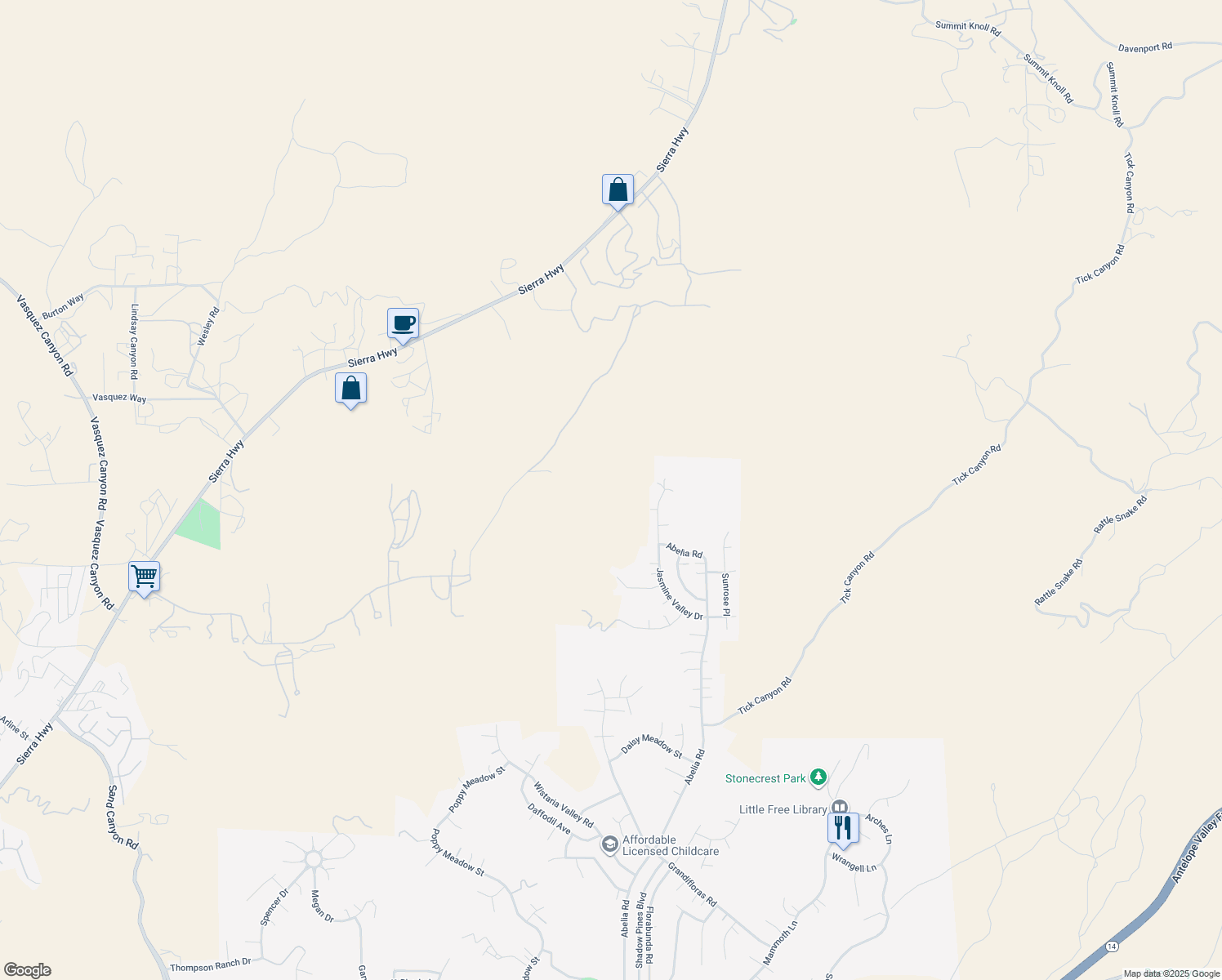 map of restaurants, bars, coffee shops, grocery stores, and more near Jasmine Valley Drive in Santa Clarita