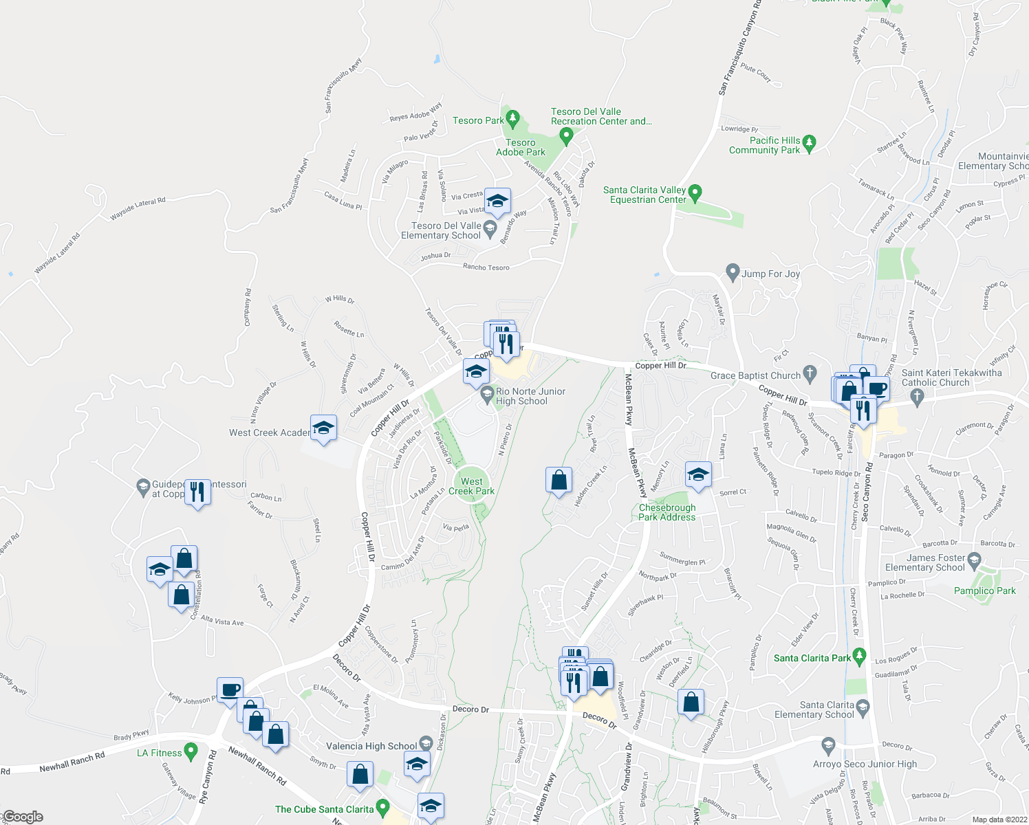 map of restaurants, bars, coffee shops, grocery stores, and more near 28671 North Pietro Drive in Santa Clarita