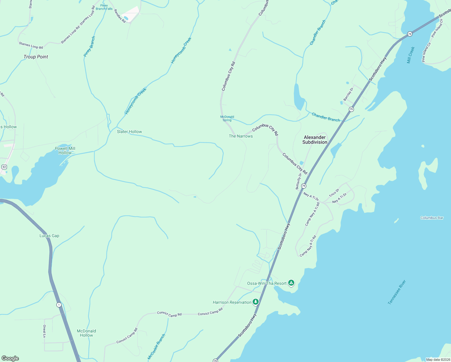 map of restaurants, bars, coffee shops, grocery stores, and more near McCorkle Mountain Road in Scottsboro