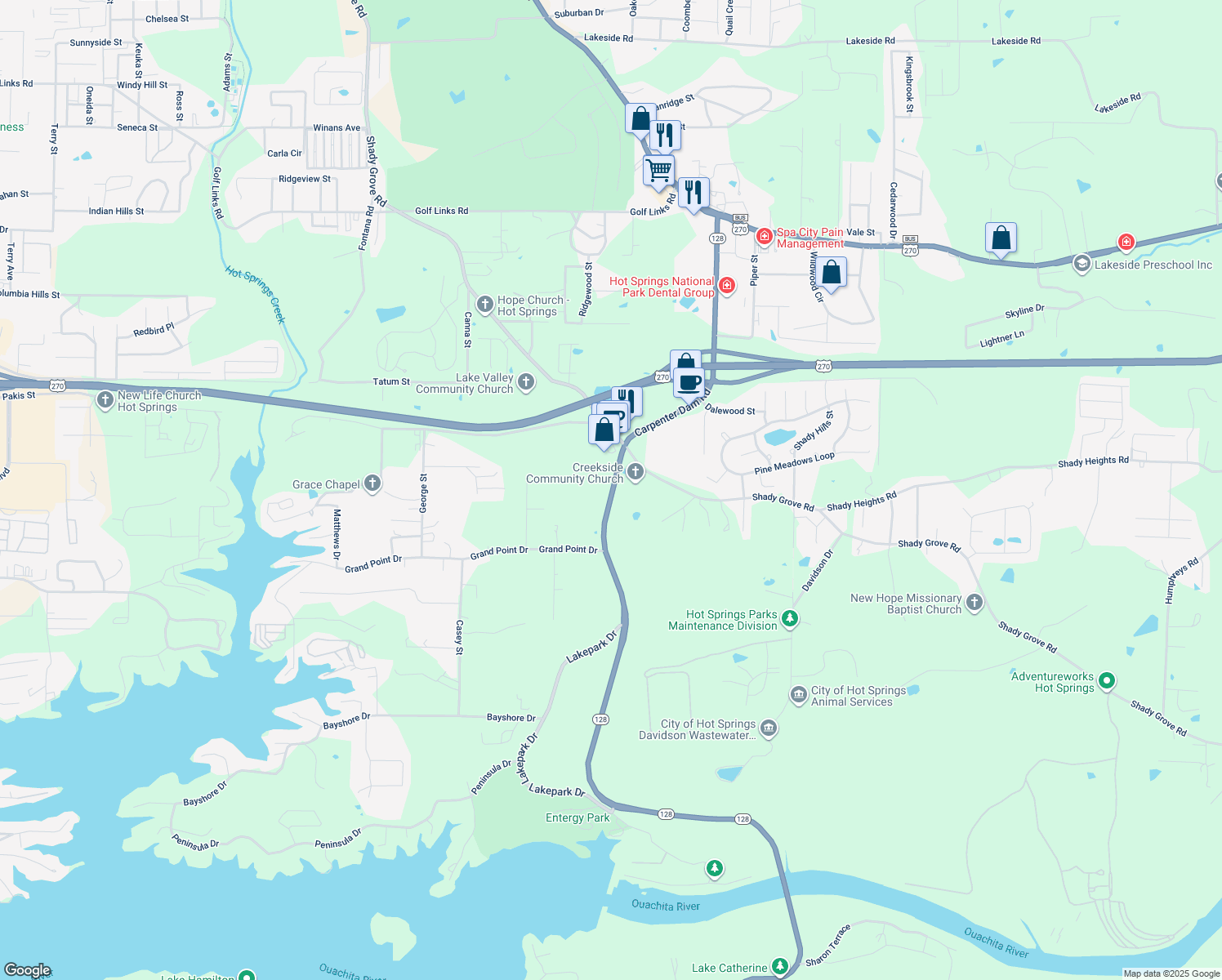 map of restaurants, bars, coffee shops, grocery stores, and more near 768 Carpenter Dam Road in Hot Springs