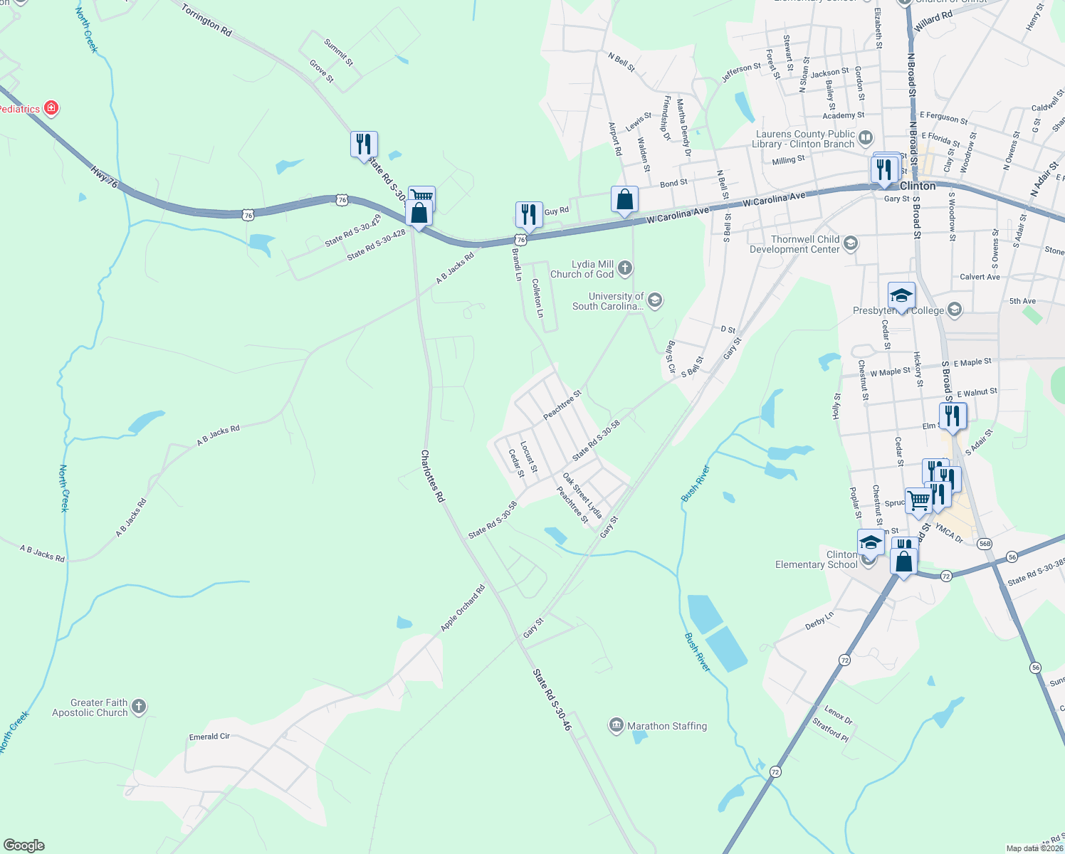 map of restaurants, bars, coffee shops, grocery stores, and more near 46 Peachtree Street in Clinton