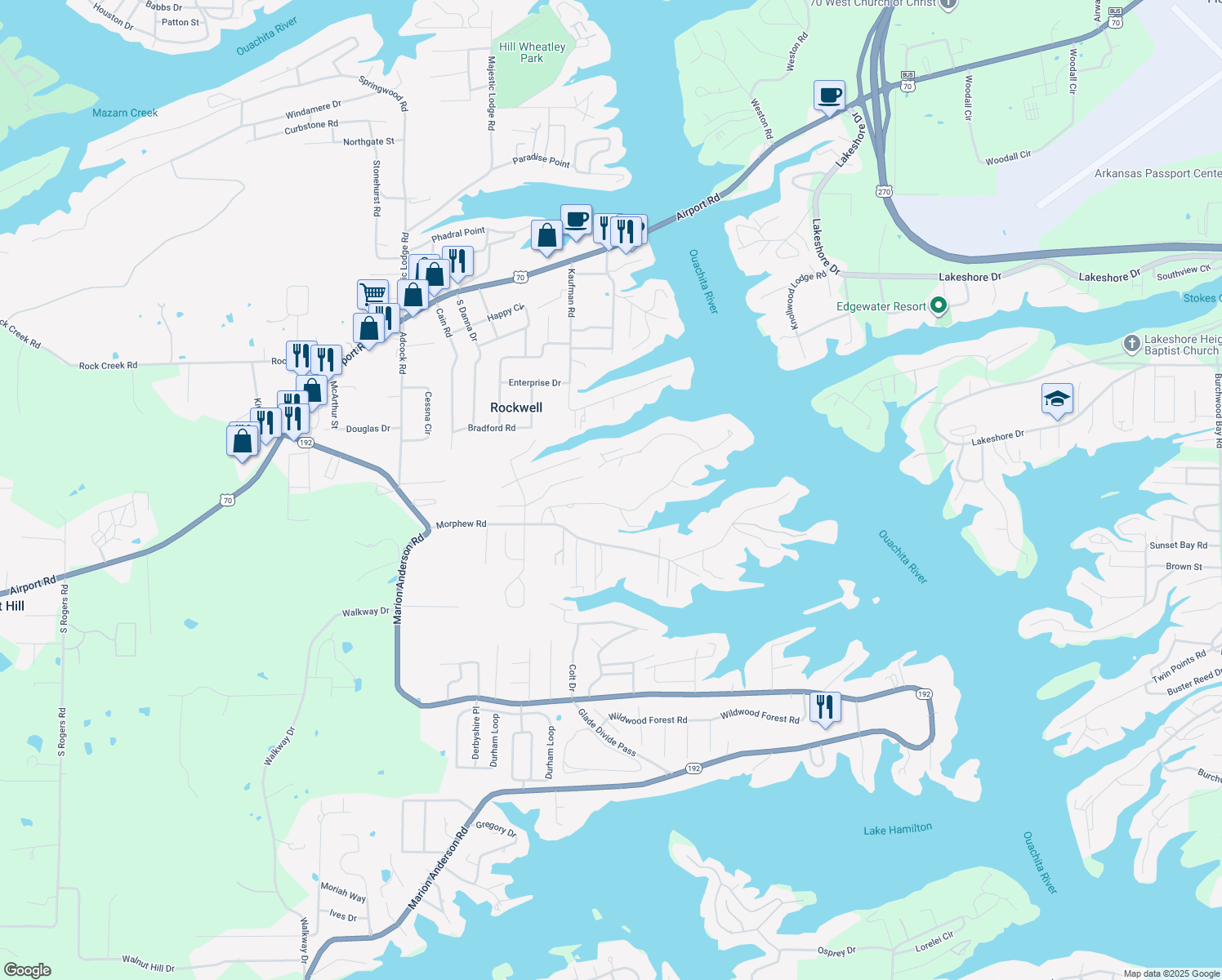 map of restaurants, bars, coffee shops, grocery stores, and more near 21 Stonegate Shores Drive in Hot Springs