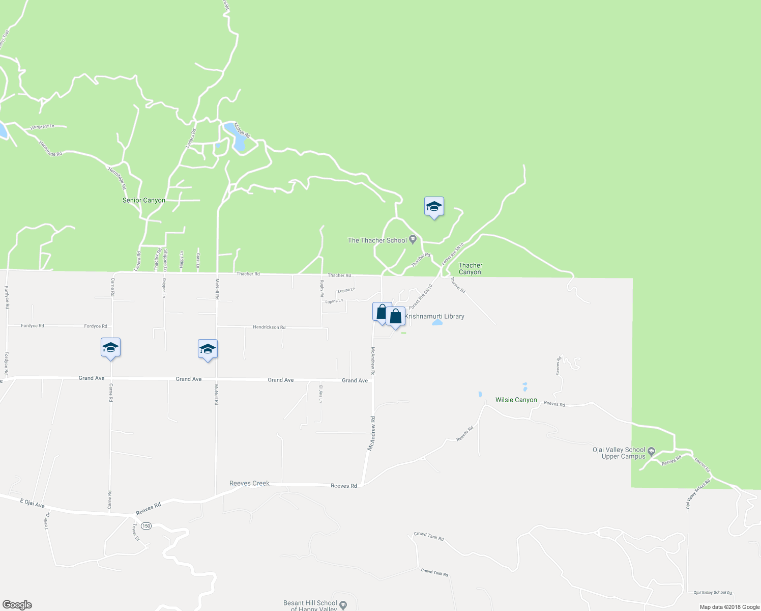 map of restaurants, bars, coffee shops, grocery stores, and more near 1314 McAndrew Road in Ojai