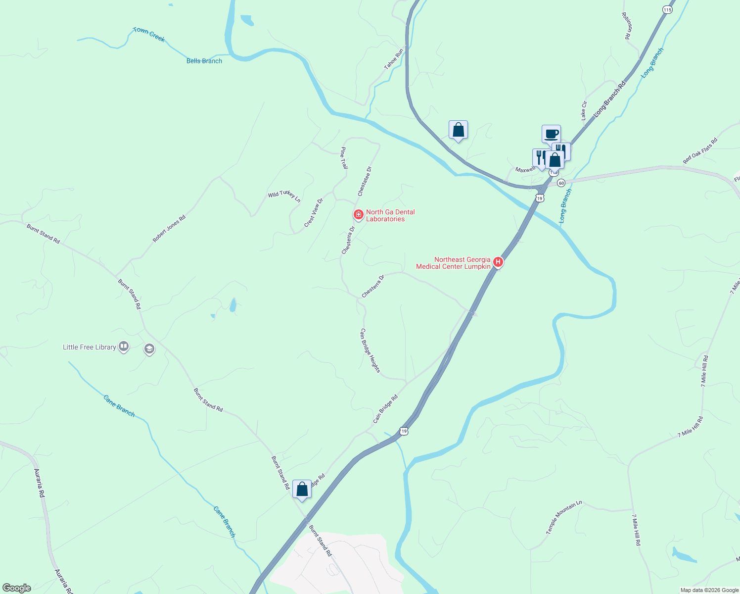 map of restaurants, bars, coffee shops, grocery stores, and more near 565 Chesterra Drive in Dahlonega