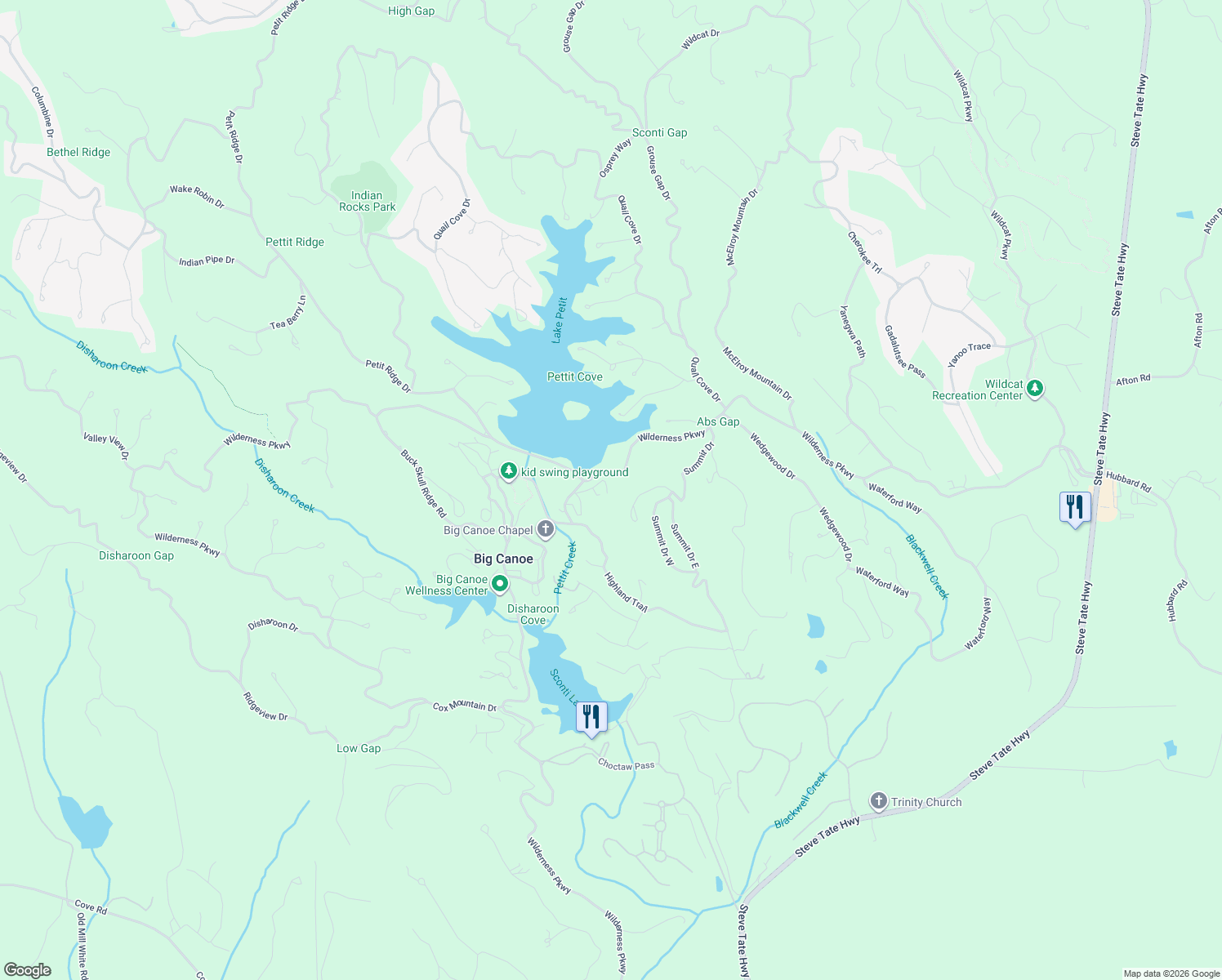 map of restaurants, bars, coffee shops, grocery stores, and more near 135 Wolfscratch Drive in Big Canoe