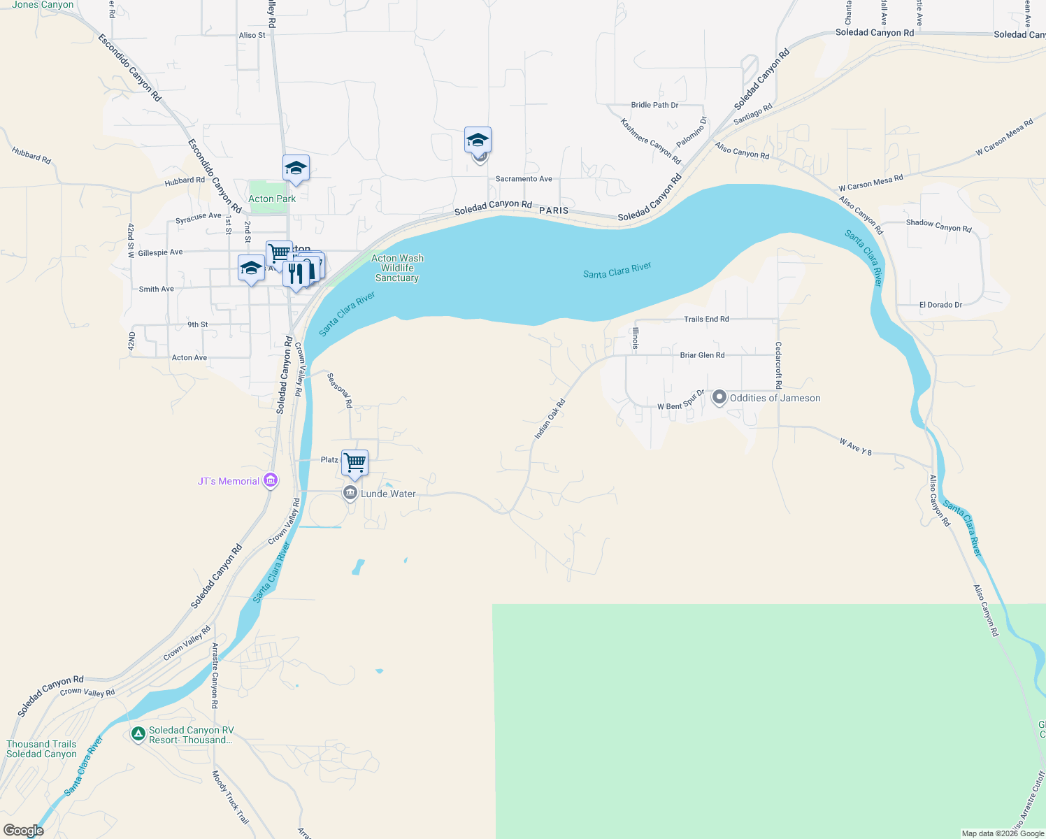 map of restaurants, bars, coffee shops, grocery stores, and more near 31511 Indian Oak Road in Acton