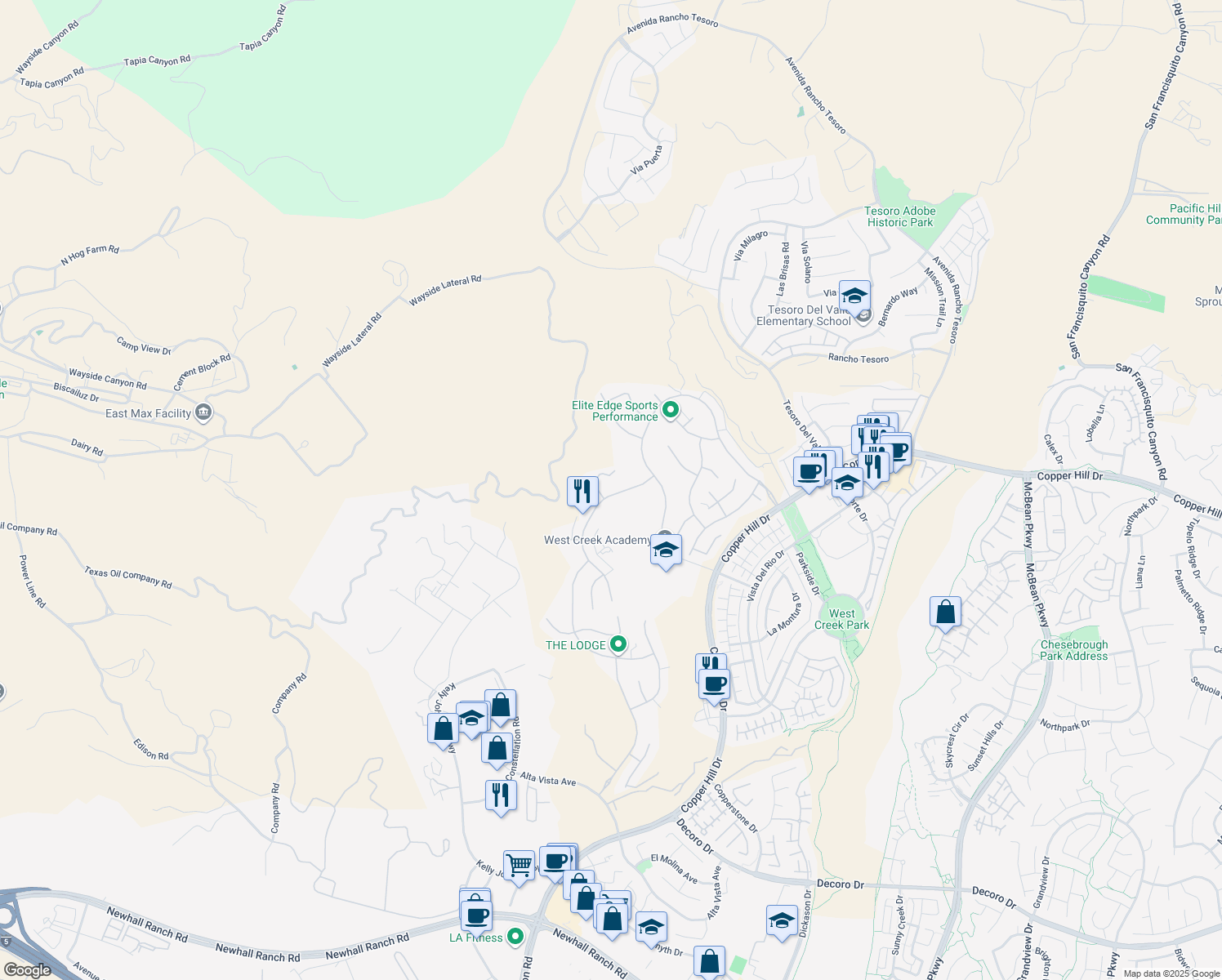 map of restaurants, bars, coffee shops, grocery stores, and more near 28809 North Iron Village Drive in Santa Clarita