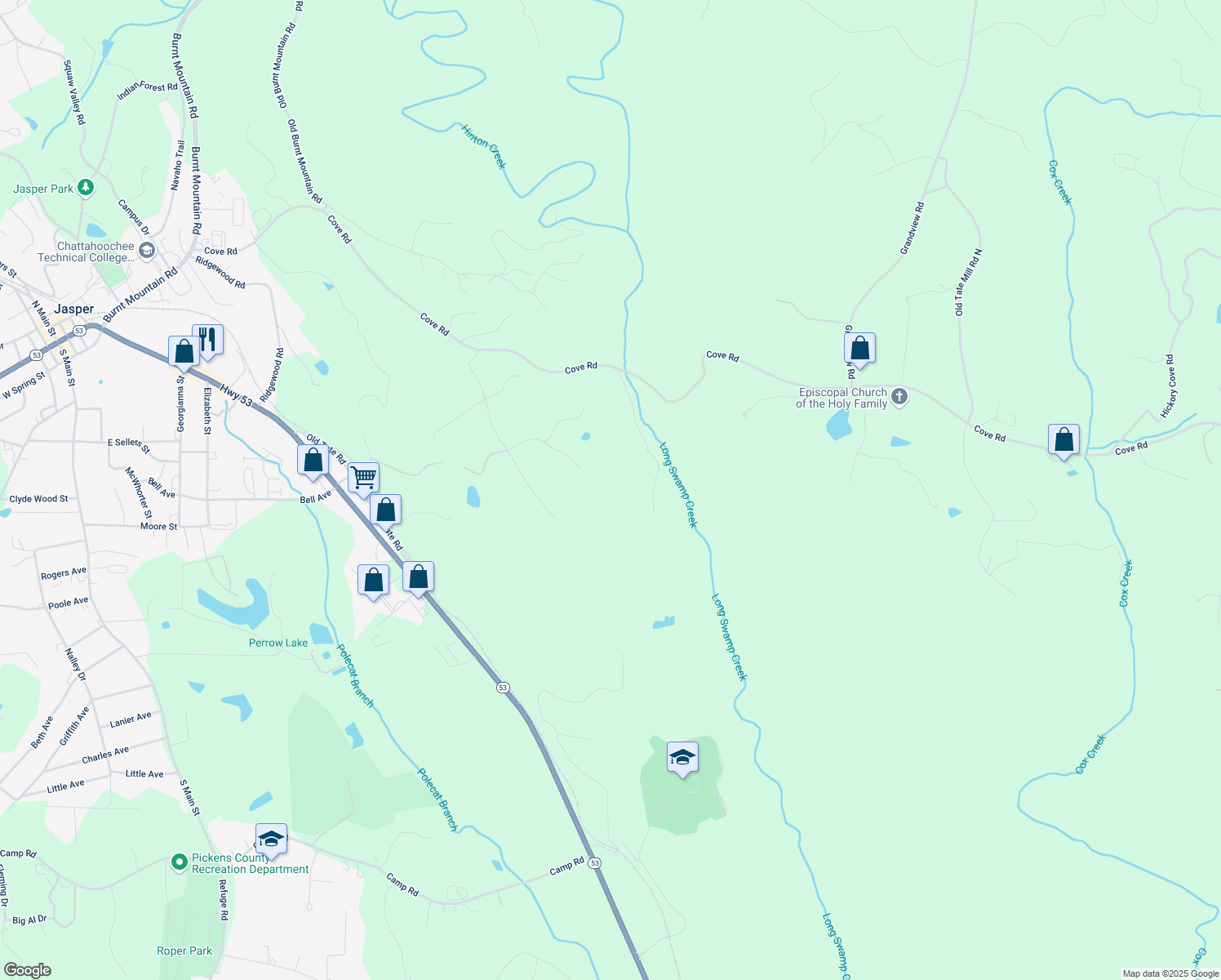 map of restaurants, bars, coffee shops, grocery stores, and more near 263 East Boling Road in Jasper