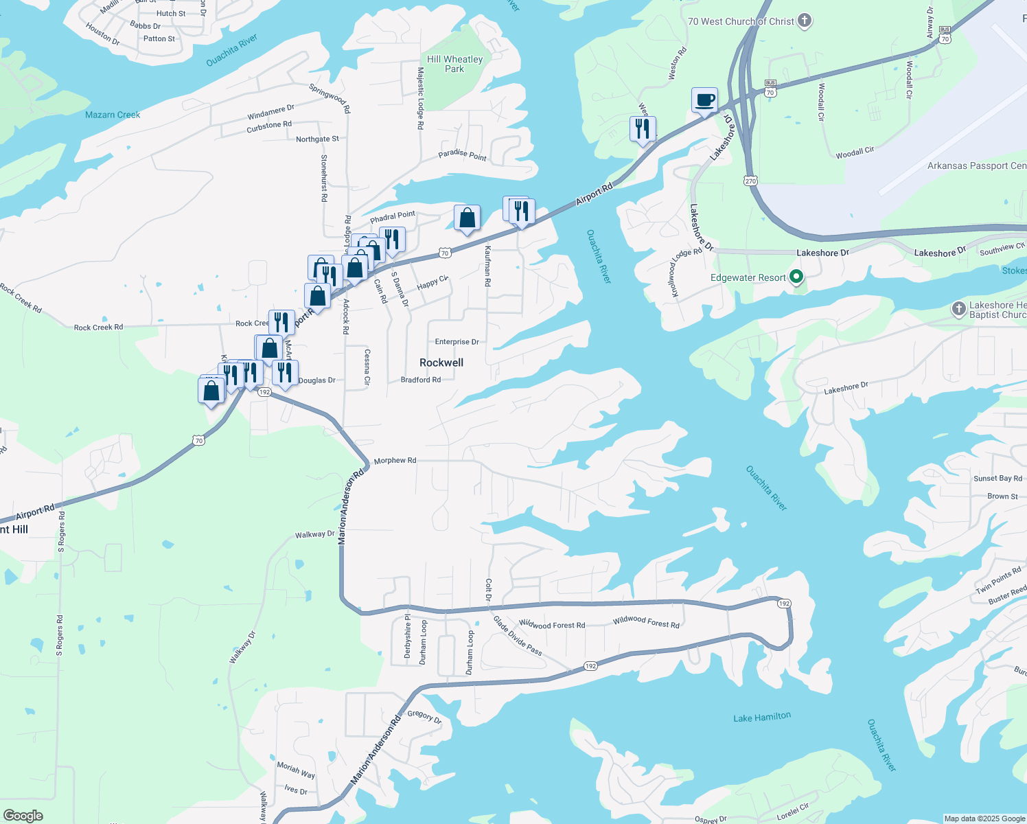 map of restaurants, bars, coffee shops, grocery stores, and more near 21 Stonegate Shores Drive in Hot Springs