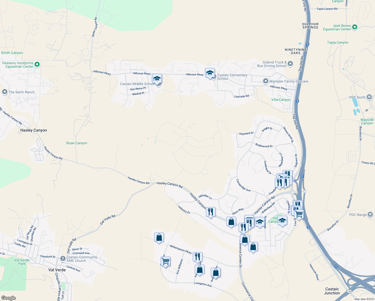map of restaurants, bars, coffee shops, grocery stores, and more near 28701 Wildflower Terrace in Castaic