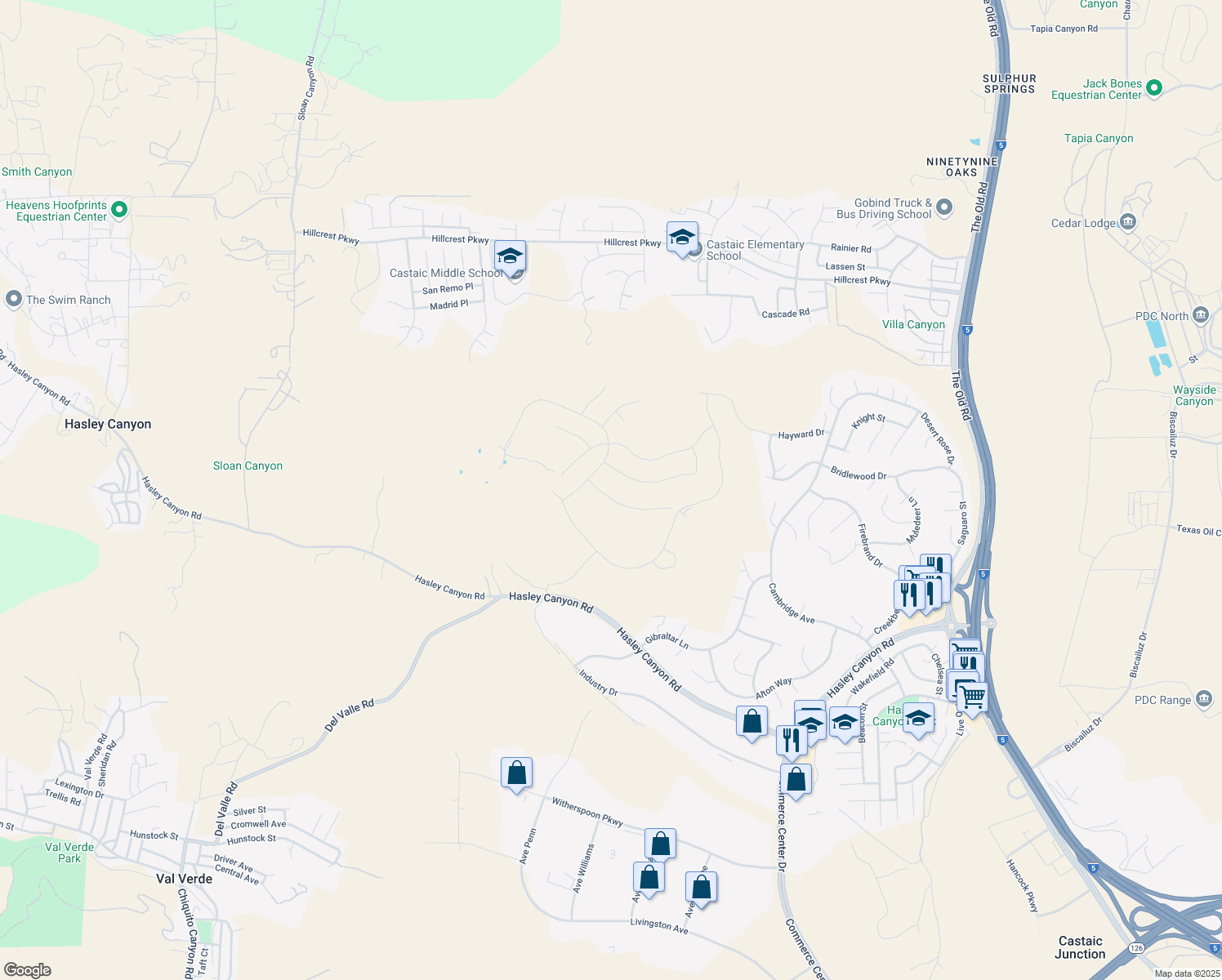 map of restaurants, bars, coffee shops, grocery stores, and more near 28701 Wildflower Terrace in Castaic