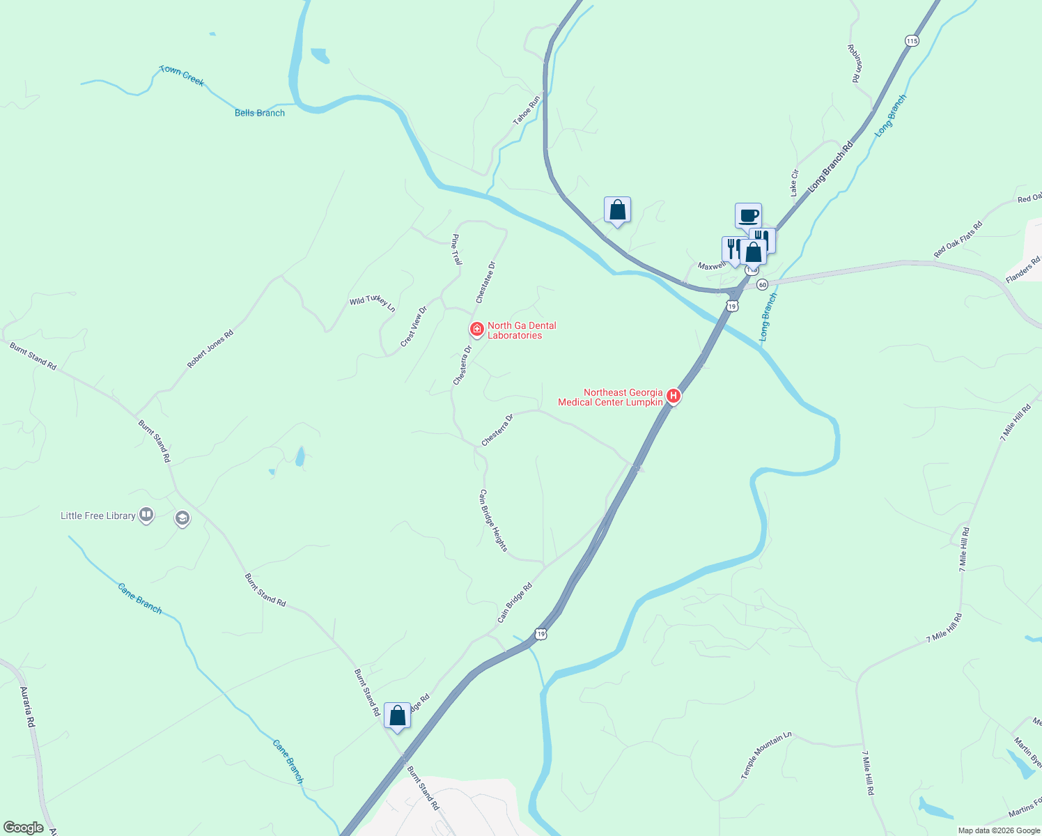 map of restaurants, bars, coffee shops, grocery stores, and more near 565 Chesterra Drive in Dahlonega
