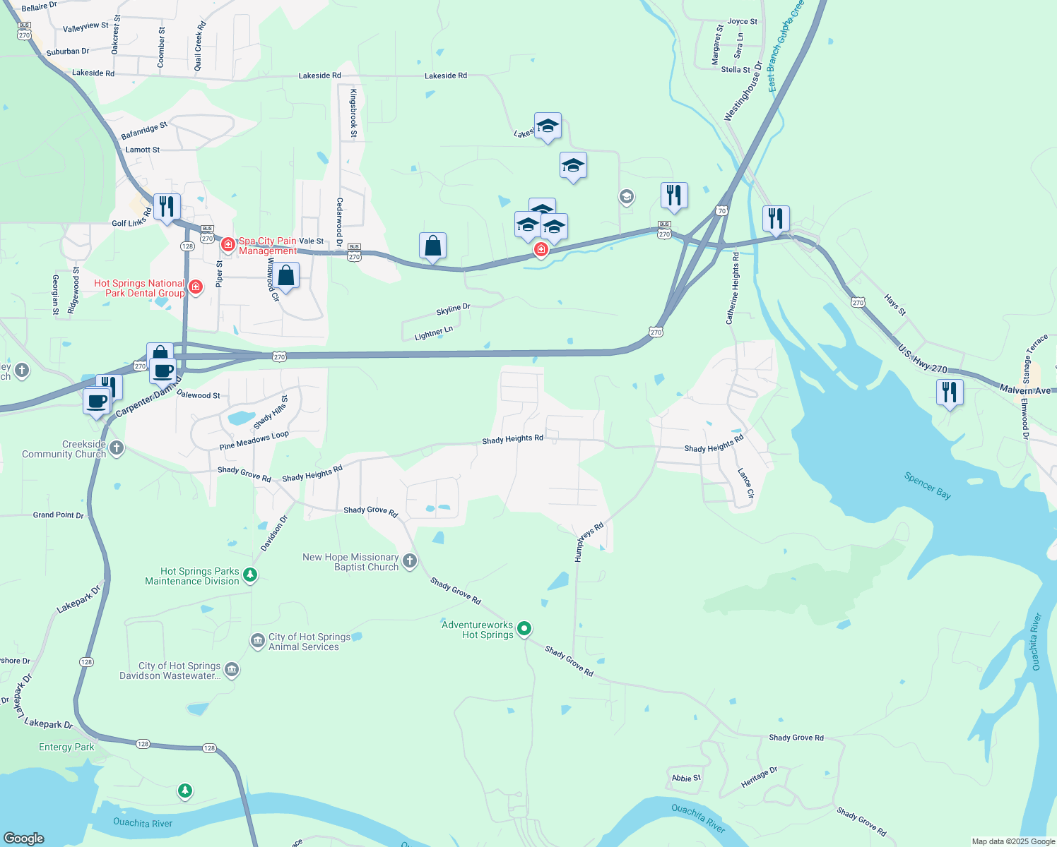 map of restaurants, bars, coffee shops, grocery stores, and more near 112 Clubhouse Circle in Garland County